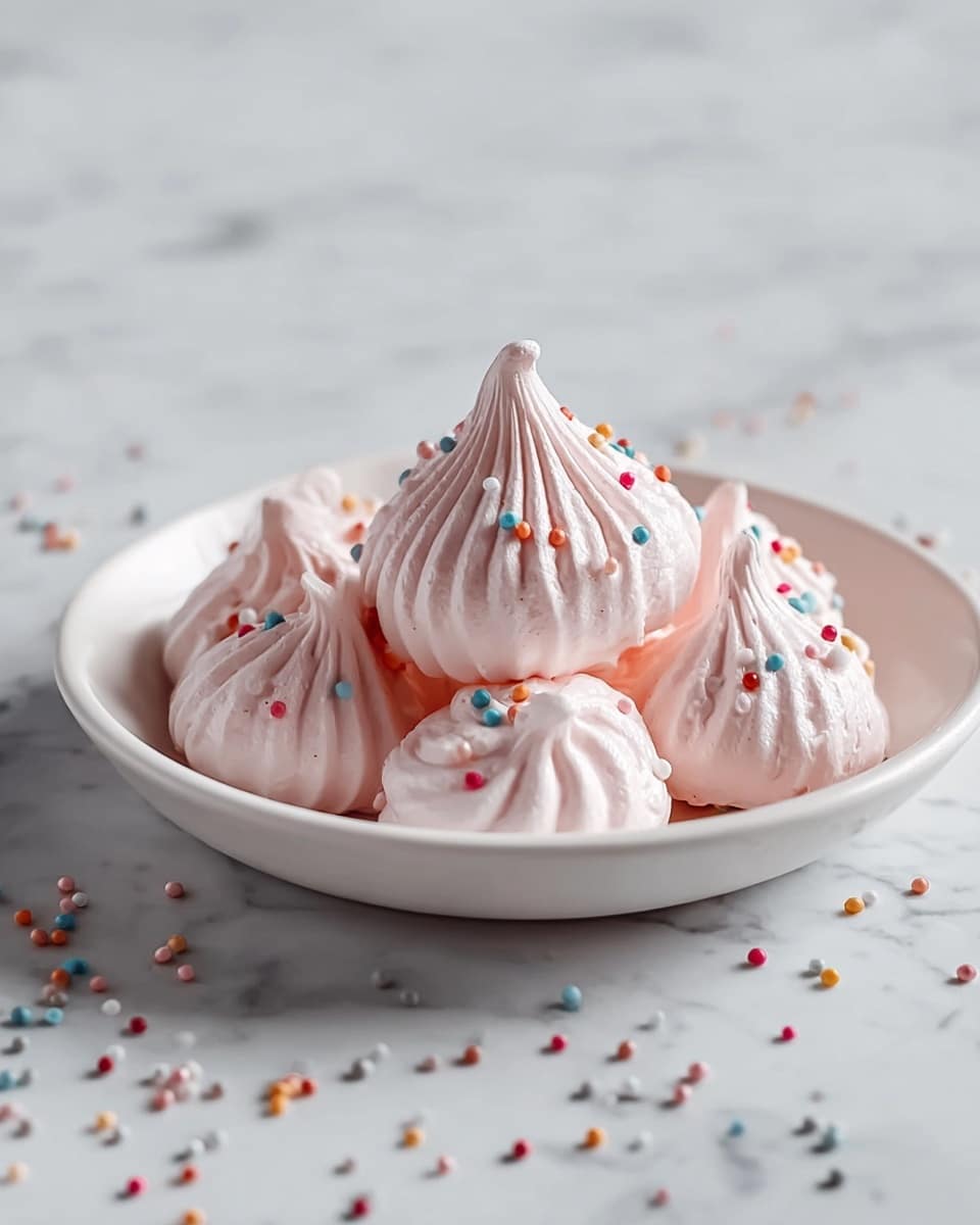 Large white bowl overflowing with delicate pink and white meringue kisses, each featuring perfectly swirled peaks and a light, airy texture, surrounded by additional meringues scattered artfully on a pristine white marble surface, captured with natural lighting for a bright, inviting look, whole dish showcased in a professional food magazine style photo taken with an iphone --ar 4:5 --v 7