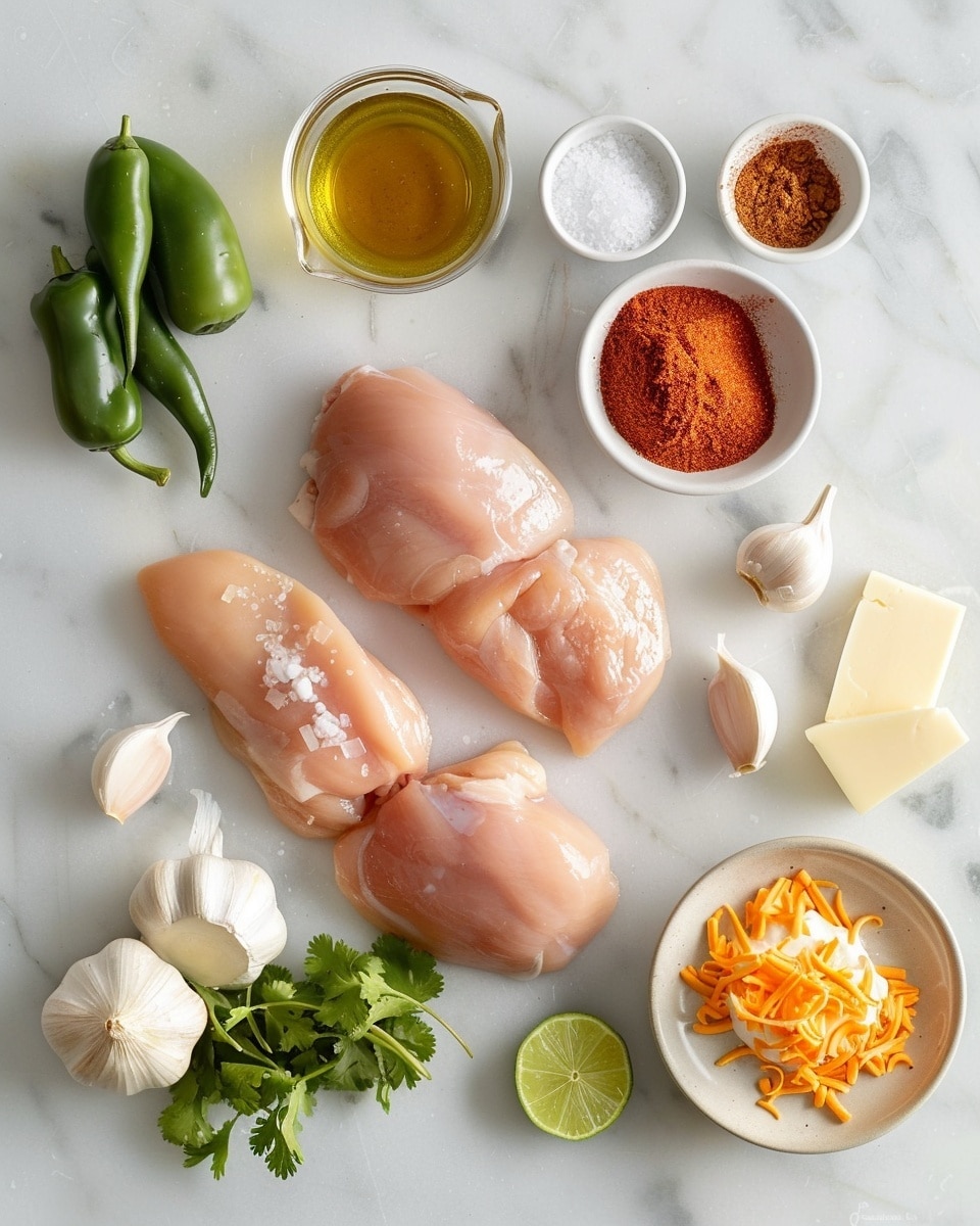 Single white plate with one golden-brown cooked chicken thigh topped with melted creamy cheddar cheese, fresh green jalapeño slices, and sprinkled with chopped cilantro, close-up angled view showing the juicy interior texture of the chicken and rich cheese coating, small garnish of herbs beside, placed on a white marble surface, natural lighting, intimate plated serving photo taken with an iphone --ar 4:5 --v 7