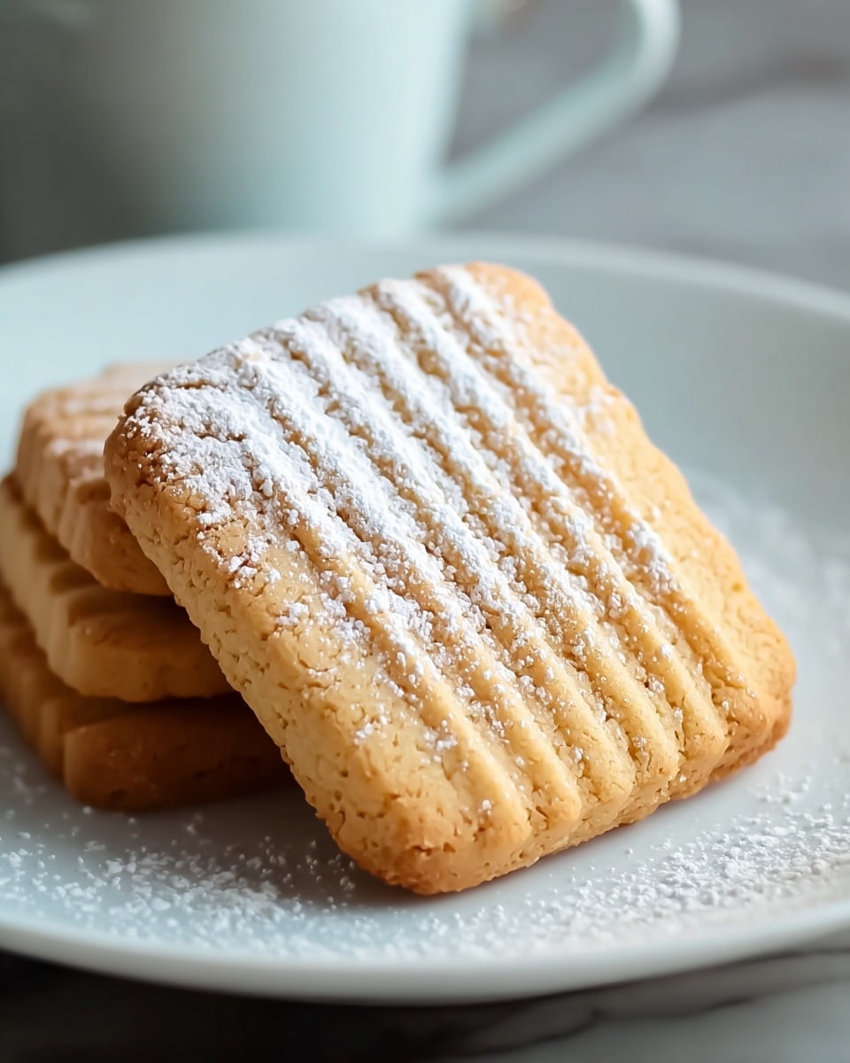 Large white serving plate filled with a neatly arranged stack of rectangular shortbread cookies, each cookie featuring a delicately ridged surface and evenly dusted with a light sprinkle of powdered sugar, showcasing the full batch in a warm, inviting presentation, photographed from a 3/4 angle on a white marble countertop with natural lighting, professional food magazine style photo taken with an iphone --ar 4:5 --v 7