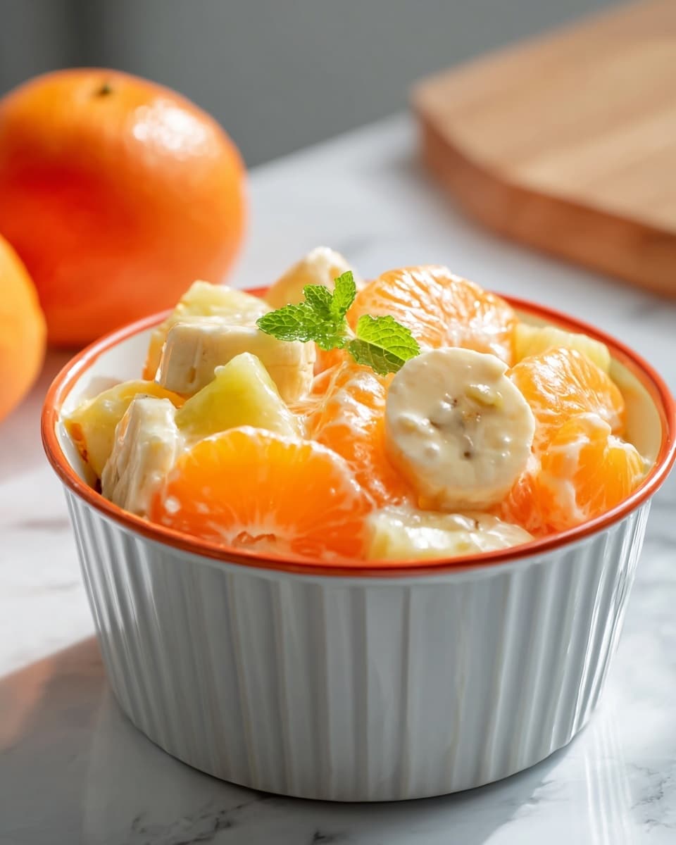 Large white bowl filled to the brim with a vibrant and fresh fruit salad, showcasing chunky pieces of banana, pineapple cubes, and bright mandarin orange segments, all glistening with a light natural juice, arranged to highlight the freshness and juiciness of the fruits, shot from a professional 3/4 angle to capture the whole dish on a pristine white marble countertop with natural lighting, styled as a hero food magazine photo, photo taken with an iphone --ar 4:5 --v 7