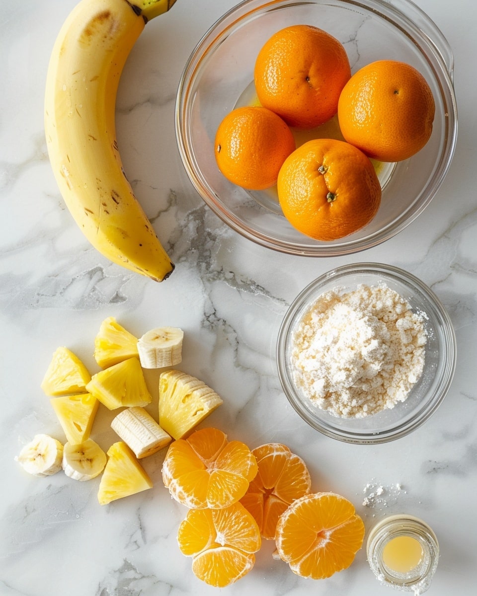 Single white bowl presenting a close-up serving of creamy fruit salad layered with vibrant mandarin orange segments, soft banana slices, and tender pineapple chunks, showcasing the glossy, light dressing coating the fresh fruit pieces, garnished with a sprig of fresh mint on top, placed on a white marble surface, natural lighting highlighting the juicy textures and freshness, intimate plated serving photo taken with an iphone --ar 4:5 --v 7