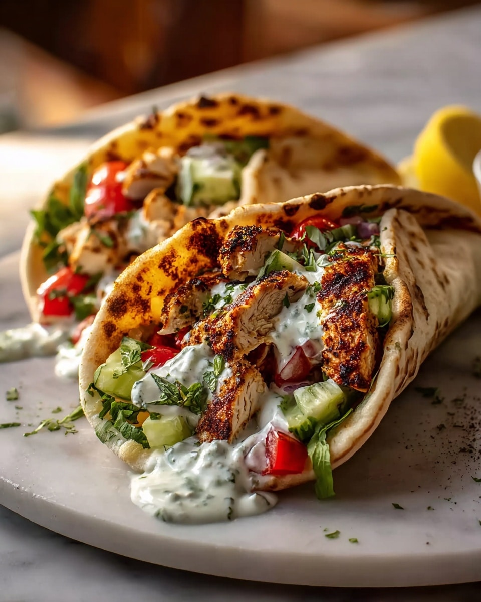 Long wooden serving board with a full row of several grilled chicken tacos on soft, charred white flour tortillas, each loaded with spiced golden chicken chunks, fresh diced tomatoes, cucumber, red onion, and generous dollops of creamy white sauce, garnished with vibrant green parsley, accompanied by a small white dish of extra sauce, a halved lemon, and a small bottle of olive oil, all presented on a white marble countertop, natural lighting highlighting the textures and colors, professional overhead food magazine style photo taken with an iphone --ar 4:5 --v 7