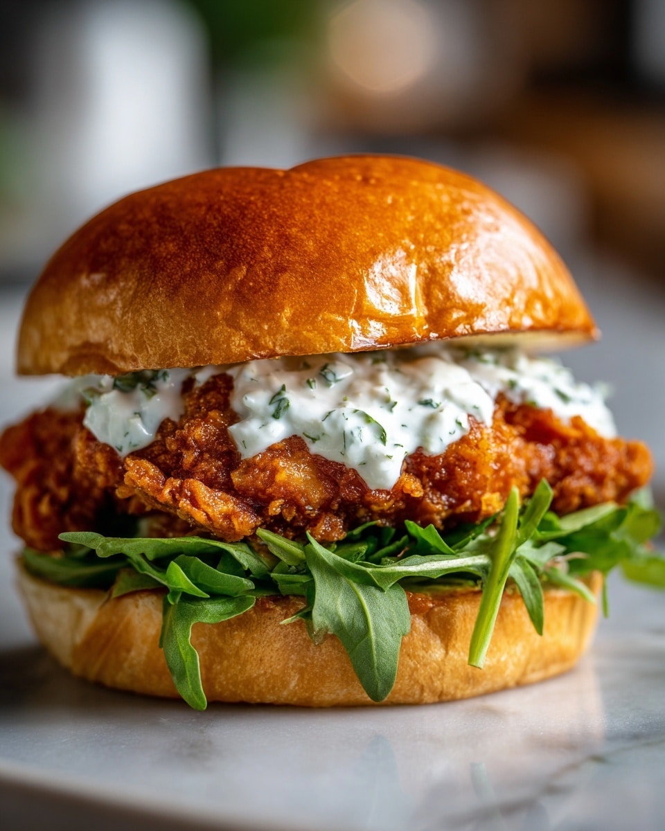 Two large white plates each holding a full spicy fried chicken sandwich featuring a golden, crispy fried chicken fillet topped generously with creamy dill ranch dressing, fresh mixed greens, and perfectly toasted soft brioche buns, accompanied by a bottle of Frank's RedHot sauce slightly blurred in the background, all presented on a rustic wooden board against a white marble countertop, lit with natural light in a professional food magazine style photo taken with an iphone --ar 4:5 --v 7