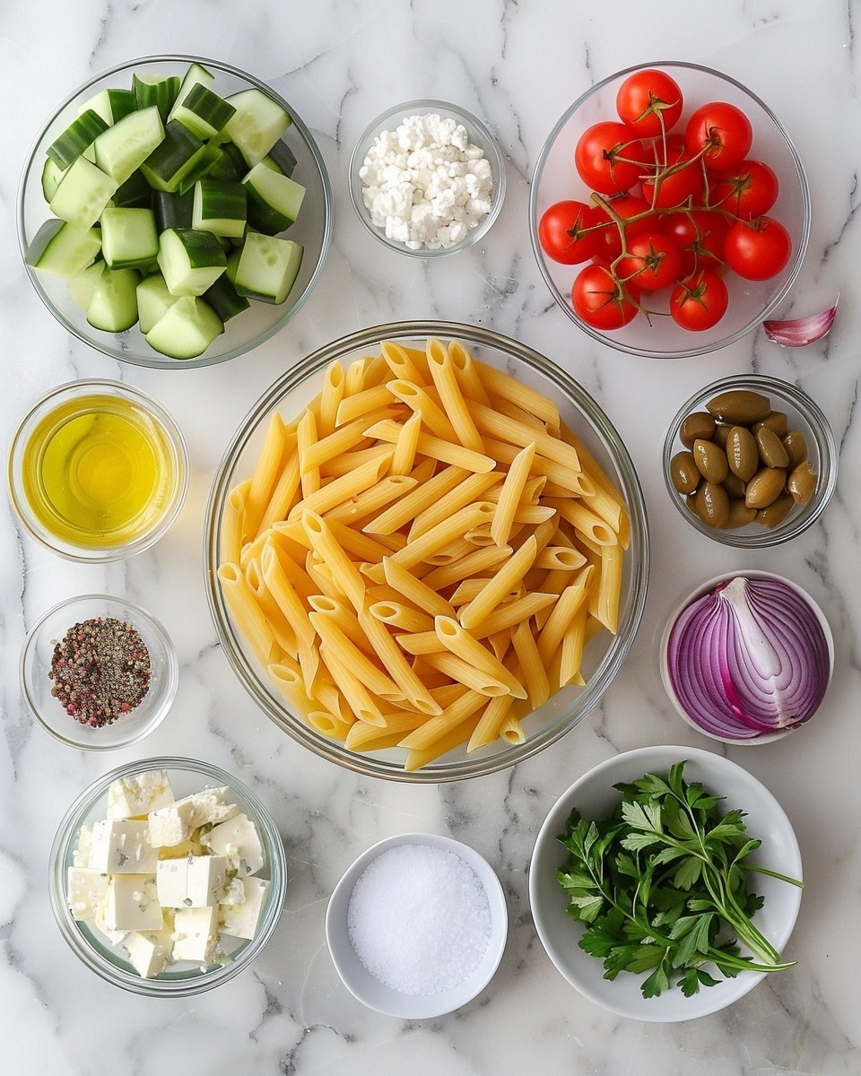 Single white plate holding one generous portion of penne pasta tossed with sautéed broccolini and spinach, sun-dried tomatoes, and dark kalamata olives, sprinkled with crumbled creamy feta cheese. The close-up angled shot reveals the glossy, lightly oiled penne pasta spiraled with vibrant green broccolini stems and leaves, deep red sun-dried tomatoes curled and slightly softened, and olives adding a rich contrast, all accented by specks of red chili flakes for a touch of heat. The white plate rests on a white marble surface under soft, natural light, highlighting the textures and colors of this Mediterranean-inspired serving, styled like an intimate food blog presentation. photo taken with an iphone --ar 4:5 --v 7