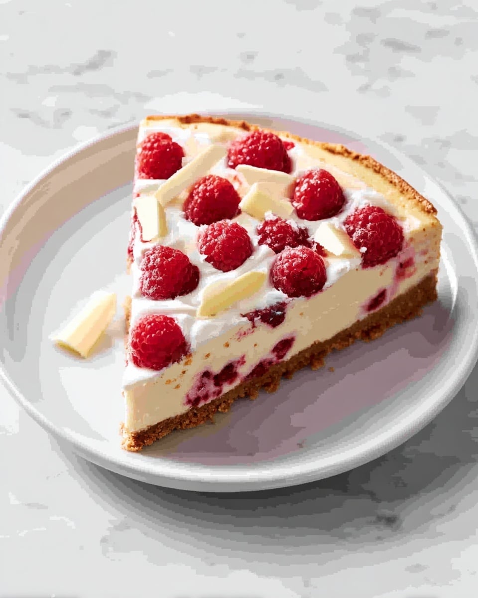Whole, unsliced creamy raspberry cheesecake on a white round serving plate, featuring a golden-baked crust and smooth, swirled top layer of cream cheese frosting, generously topped with fresh, plump red raspberries and delicate white chocolate shavings, presented in a professional 3/4 angle shot with natural lighting on a white marble countertop, hero food magazine style photo taken with an iphone --ar 4:5 --v 7