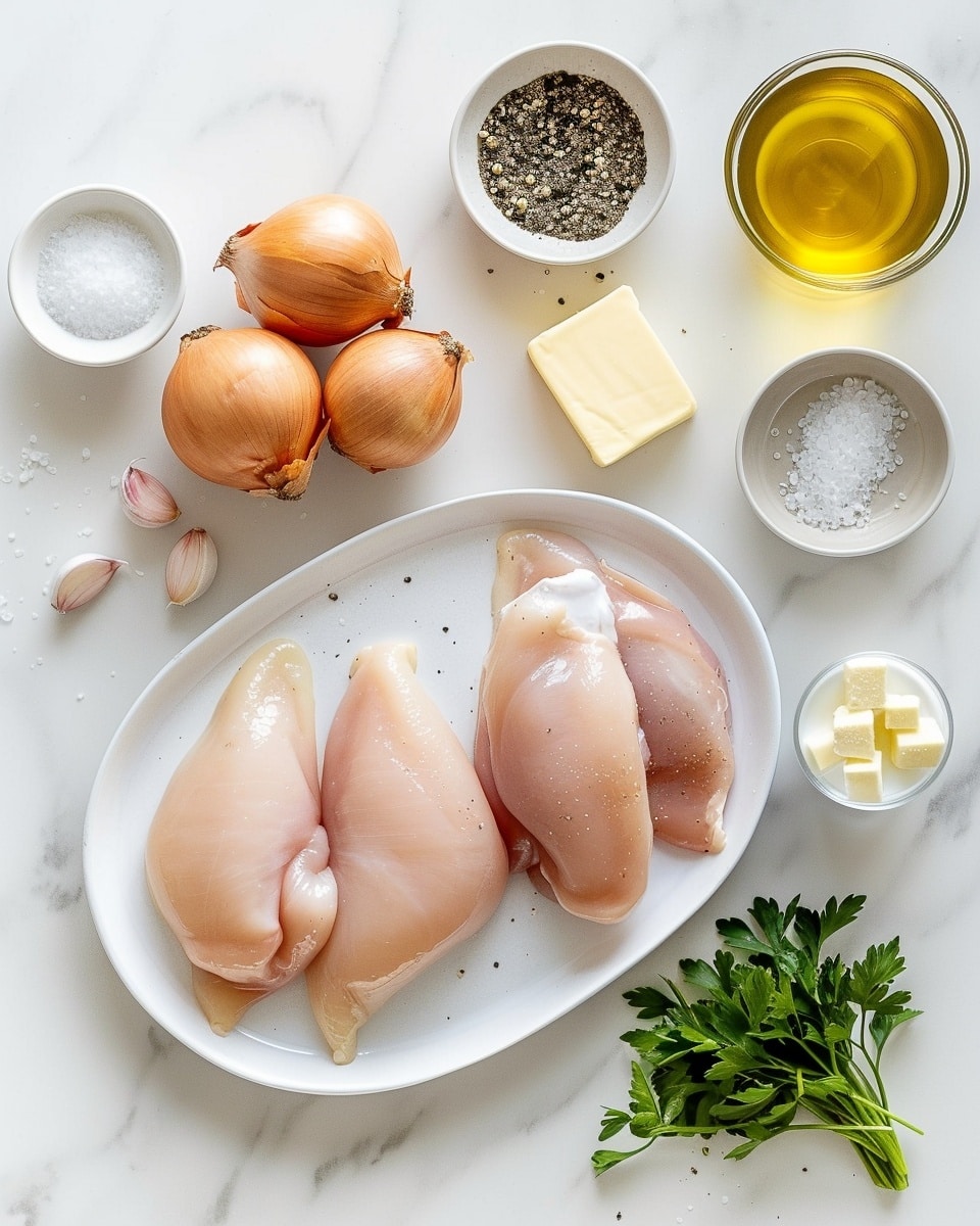 Single white plate showcasing one golden seared chicken filet nestled in a pool of rich creamy mushroom and onion sauce, close-up angle revealing the tender texture of the chicken partially submerged in the velvety, herb-speckled sauce with visible slices of caramelized onions and flecks of fresh parsley garnish, natural lighting highlighting the glossy sauce surface, white marble background, intimate plated serving photo taken with an iphone --ar 4:5 --v 7