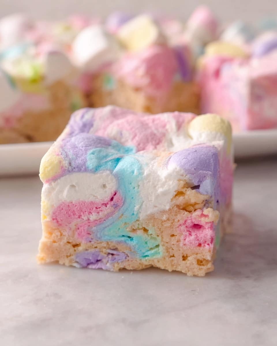 Large white rectangular baking dish filled with a freshly baked colorful confetti cookie bar, featuring swirls of pastel pink, blue, purple, and yellow throughout its soft, thick texture, the edges golden brown and slightly crisp, whole uncut dessert displayed on a clean white marble countertop with natural lighting, styled like a hero shot from a food magazine, photo taken with an iphone --ar 4:5 --v 7