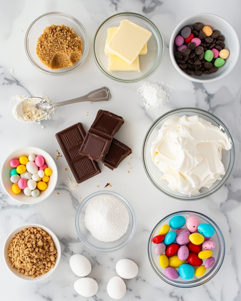 Single white plate showcasing a single slice of creamy no-bake cheesecake revealing a dense, smooth interior studded with chocolate chips, layered over a firm golden graham cracker crust, topped with pastel-colored candy-coated chocolates and tiny decorative sprinkles, close-up angled shot to highlight the layers and textures, natural lighting on white marble surface, styled like a food blog dessert serving, photo taken with an iphone --ar 4:5 --v 7