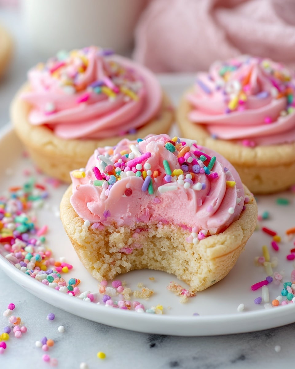 Large white plate filled with a full batch of round sugar cookies topped with vibrant pink swirled frosting and multicolored sprinkles, each cookie uniformly decorated with a star-shaped frosting pattern, arranged neatly to showcase the full collection, photographed from a 3/4 angle on a white marble countertop with natural lighting, professional food styling photo taken with an iphone --ar 4:5 --v 7
