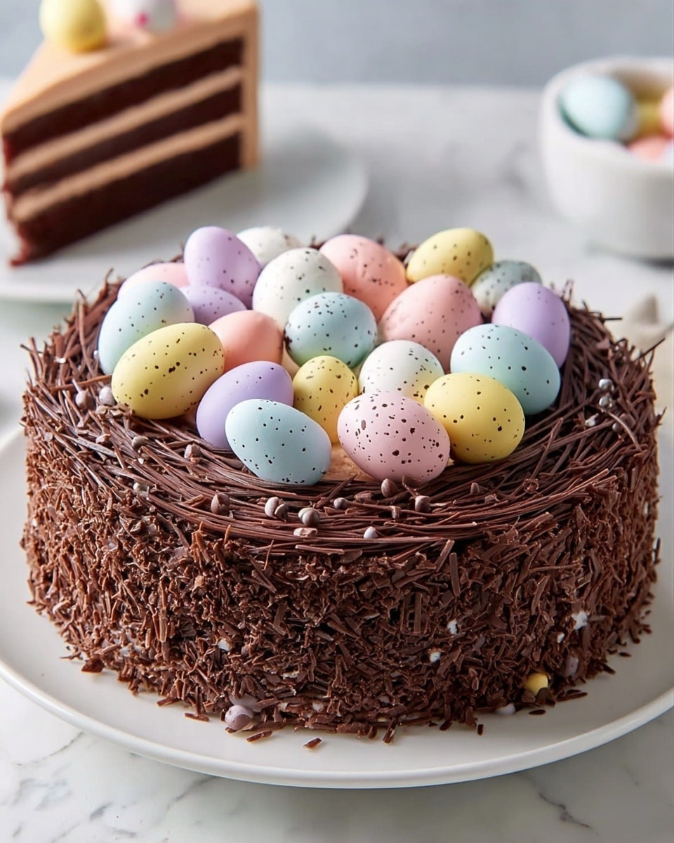 Whole round chocolate cake decorated to resemble a bird's nest, covered in a dense layer of chocolate shavings resembling twigs, topped with an array of pastel-colored and speckled edible eggs in soft pink, yellow, blue, white, and purple hues, presented on a white cake stand, photographed in a professional food magazine style from a 3/4 angle on a white marble surface with natural lighting, photo taken with an iphone --ar 4:5 --v 7