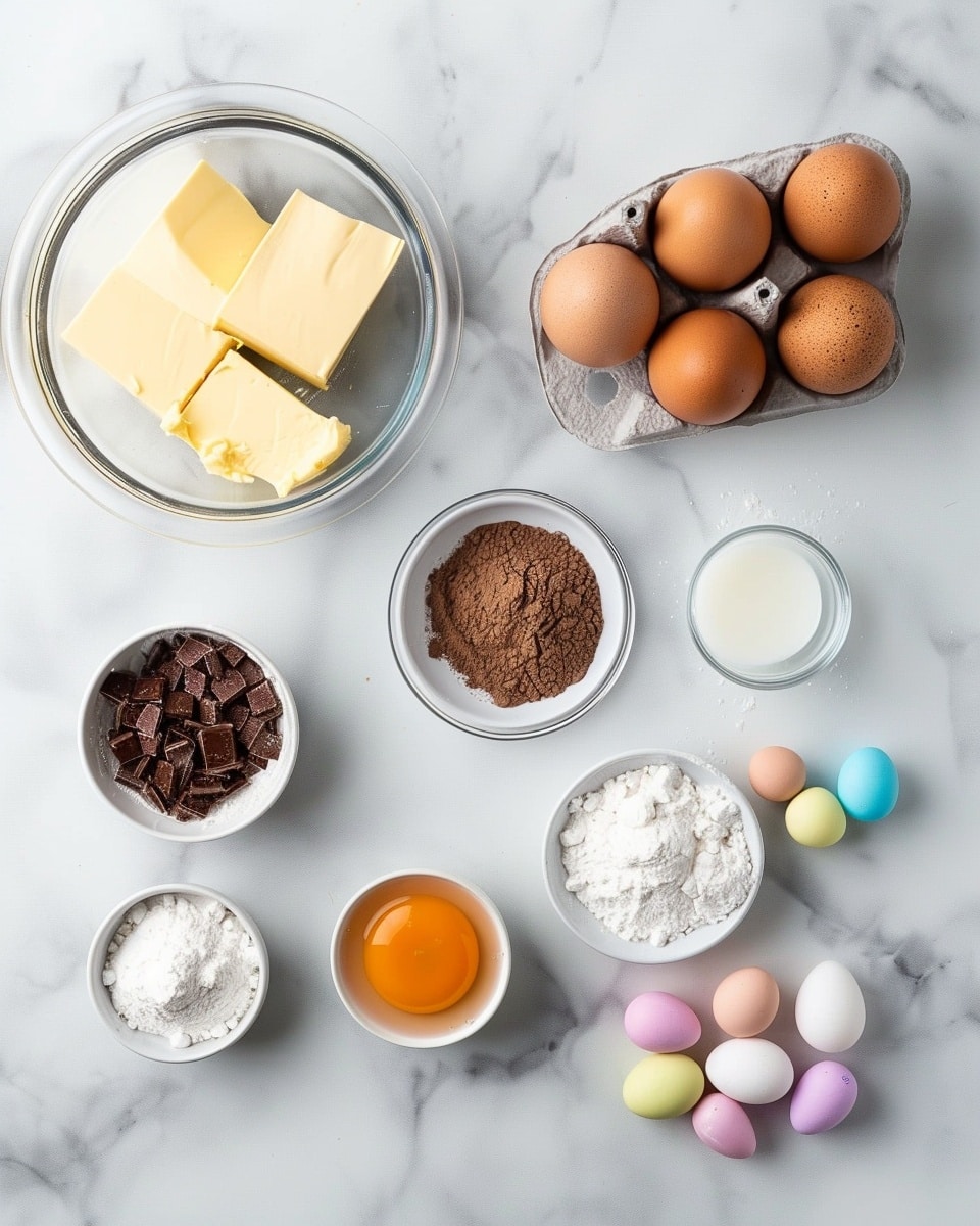 Single white plate with a slice of chocolate nest cake showing thick layers of rich moist chocolate sponge and dense creamy chocolate filling, adorned with delicate chocolate shavings around the sides and topped with pastel-colored speckled candy eggs, close-up angled shot revealing the contrasting textures of the crunchy nest exterior and smooth interior layers, placed on white marble surface with natural light, styled like a food blog serving, photo taken with an iphone --ar 4:5 --v 7