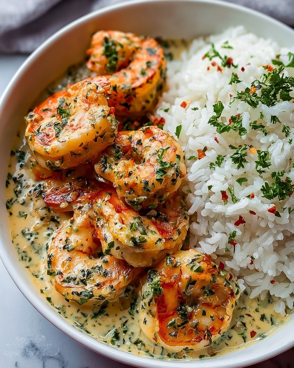 Large white serving bowl filled with a generous portion of shrimp scampi over a bed of fluffy white rice, the shrimp arranged in an abundant circular pattern, coated in a rich golden garlic butter sauce sprinkled with fresh chopped parsley, whole dish photographed from a 3/4 angle on a white marble countertop, natural lighting, professional food styling photo taken with an iphone --ar 4:5 --v 7