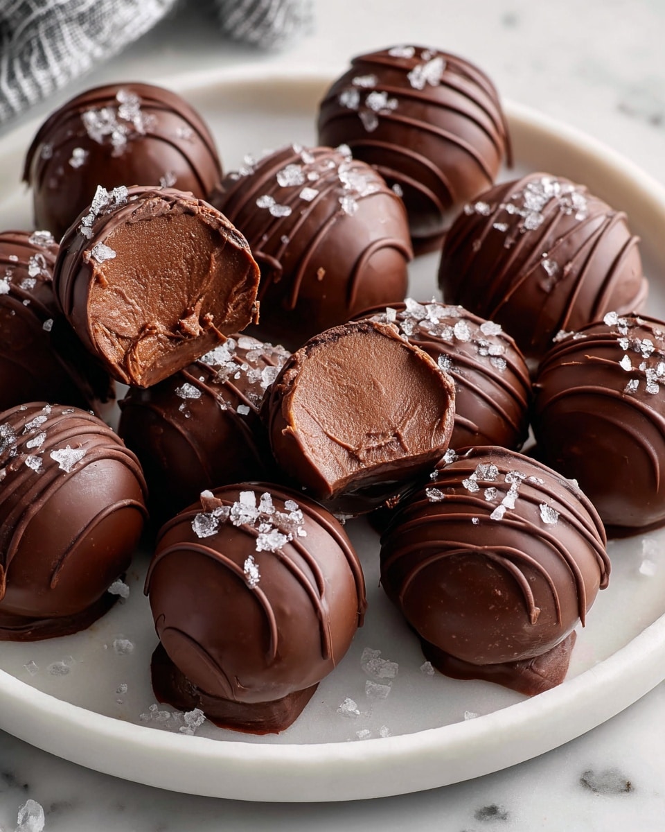 White platter filled with an assortment of whole chocolate truffles, each coated with smooth, glossy dark chocolate and elegantly drizzled with thicker chocolate lines, sprinkled with delicate flakes of sea salt on top, a few truffles are opened to reveal their rich, creamy chocolate ganache centers, arranged artfully on a white marble surface under natural lighting, professional food magazine style shot taken with an iphone --ar 4:5 --v 7