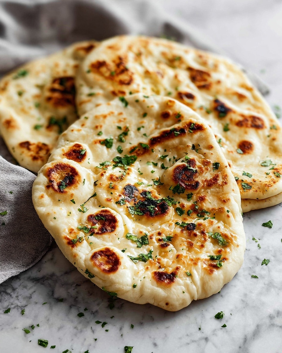 Three whole naan breads arranged on a clean white marble countertop, each piece showing golden brown charred spots and a sprinkling of fresh chopped cilantro on top, perfectly puffed and soft with a slightly crisp exterior, captured in natural light with a professional 3/4 angle shot highlighting the texture and fresh appearance of the freshly made naan, whole dish presentation, photo taken with an iphone --ar 4:5 --v 7
