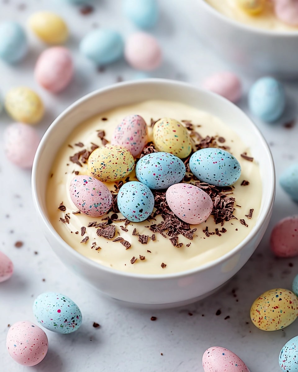 Large white bowl filled with creamy, smooth dessert topped with a generous layer of colorful pastel speckled mini chocolate eggs in yellow, pink, white, and blue, sprinkled with chocolate shavings, surrounded by additional pastel eggs on a white marble countertop, natural light highlighting the textures, professional food magazine hero shot, whole dish fully visible, photo taken with an iphone --ar 4:5 --v 7