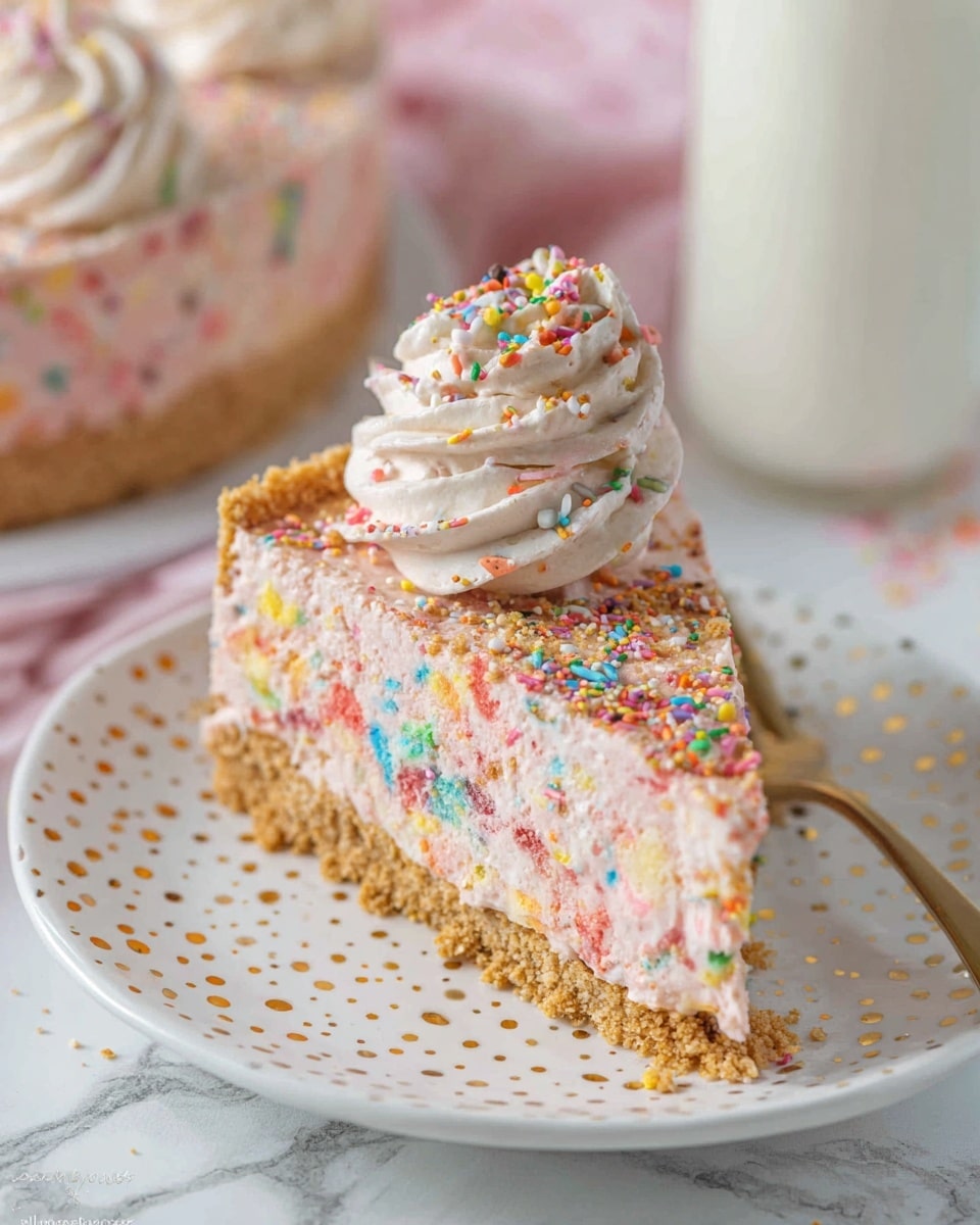 Full white ceramic pie dish filled with an intact, uncut fruity pebbles cheesecake, featuring a thick crumbly base packed tightly and a creamy speckled filling generously mixed with colorful fruity pebbles cereal, topped with four evenly spaced dollops of whipped frosting sprinkled with vibrant cereal bits, vibrant cereal pieces artfully scattered around the pie dish rim, shot at a professional 3/4 angle on a white marble countertop with natural lighting, styled as a heroic food magazine presentation, photo taken with an iphone --ar 4:5 --v 7