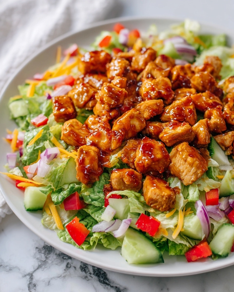Large white rectangular platter filled with a whole chicken taco salad, layered with crisp romaine lettuce, diced cucumbers, red bell peppers, finely chopped red onions, shredded cheddar cheese, and generous portions of saucy, cubed chicken, arranged in a colorful, abundant presentation, photographed from a 3/4 angle on a white marble countertop with natural lighting, professional food styling photo taken with an iphone --ar 4:5 --v 7