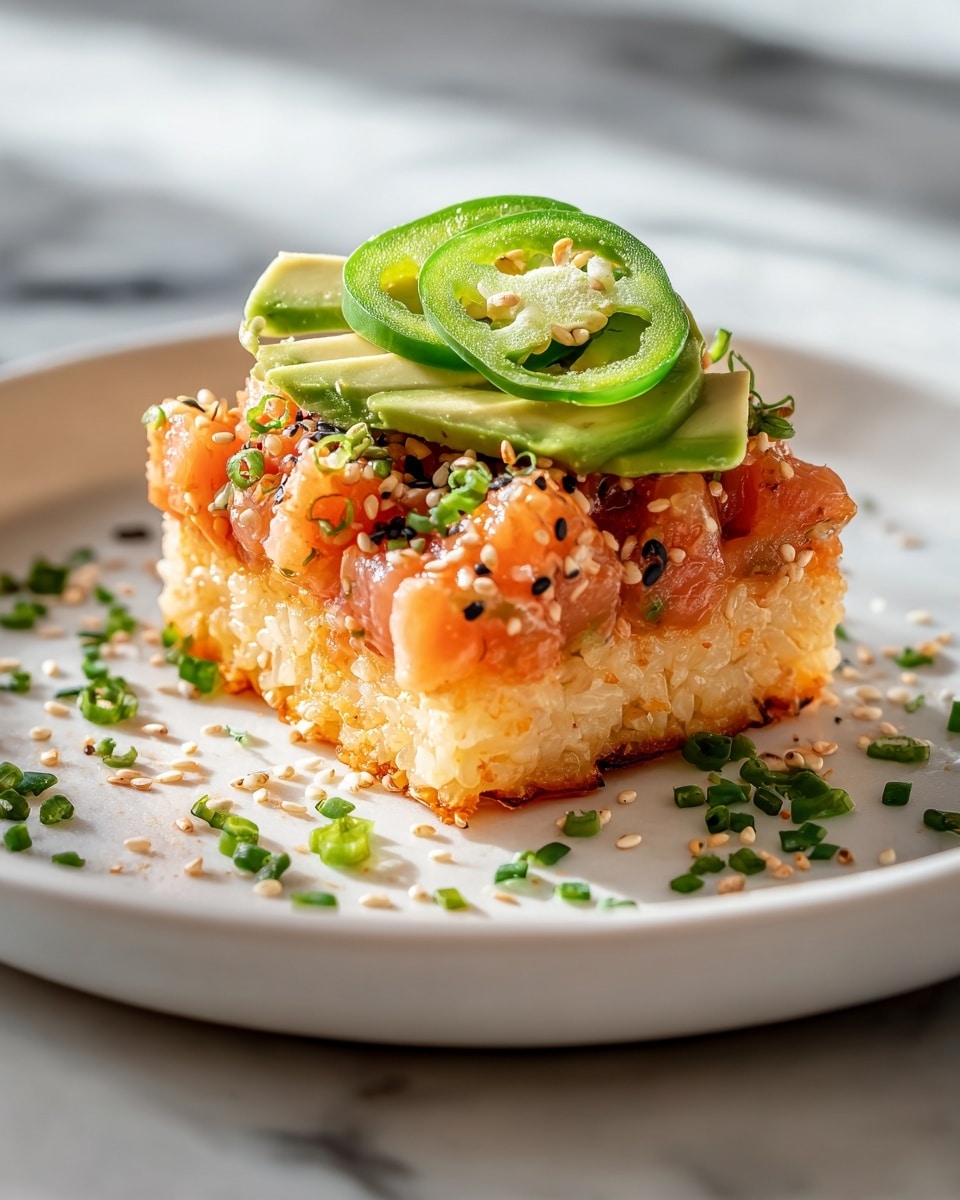 Large white rectangular serving platter showcasing a full batch of crispy golden rice squares topped with thinly sliced avocado, a generous layer of creamy spicy salmon tartare, garnished with thin slices of fresh jalapeño, black and white sesame seeds, and finely chopped chives, whole dish captured from a 3/4 angle on a pristine white marble background with natural lighting, styled as an elegant food magazine hero shot, photo taken with an iphone --ar 4:5 --v 7