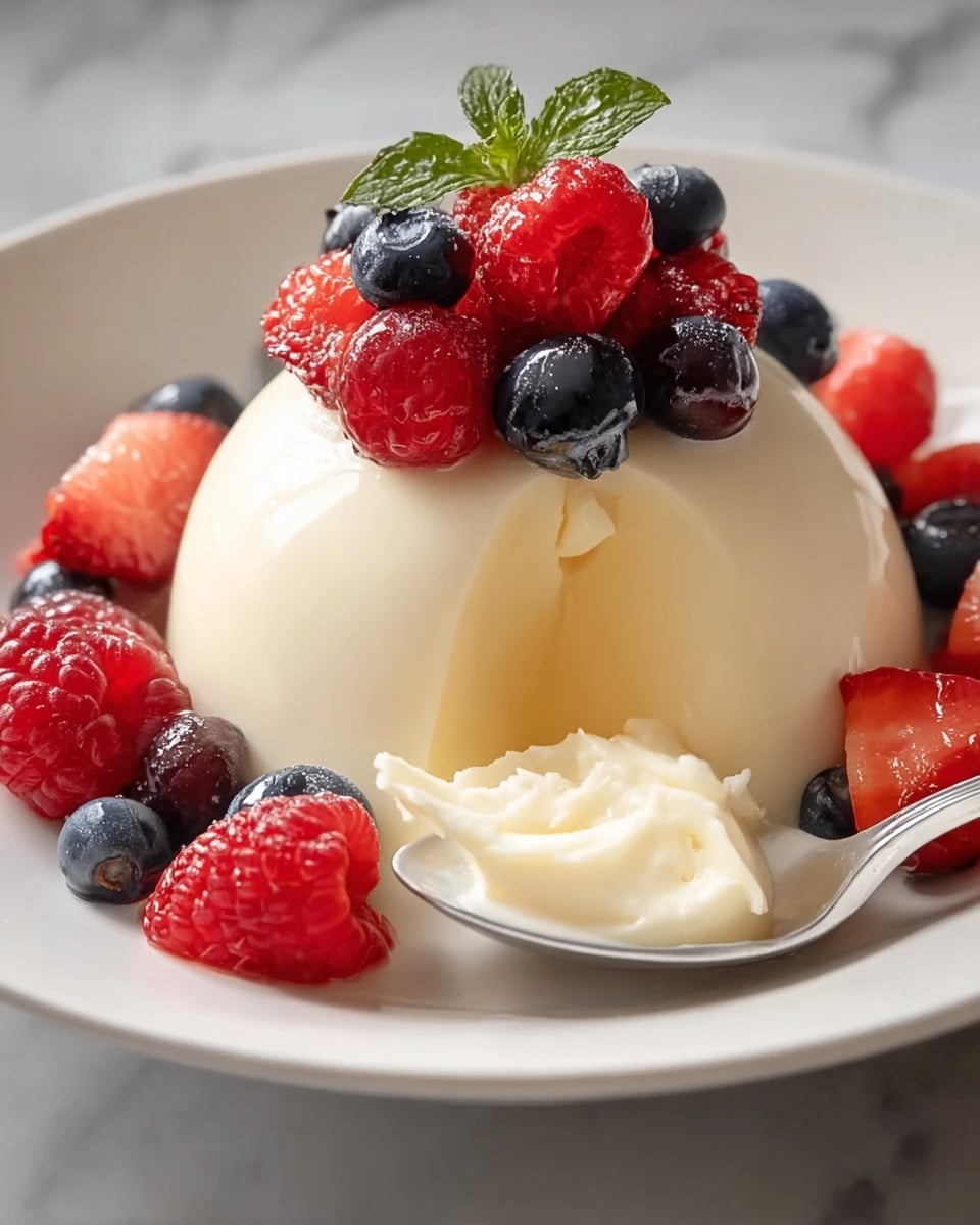 A pristine white plate showcasing a whole, perfectly rounded dome of creamy panna cotta, gleaming smooth and untouched, adorned with a vibrant crown of fresh mixed berries including raspberries, blackberries, blueberries, and strawberries artfully arranged both on top and scattered around the base, all presented on a white marble countertop with natural lighting emphasizing the glossy texture of the dessert, professional food styling, photo taken with an iphone --ar 4:5 --v 7