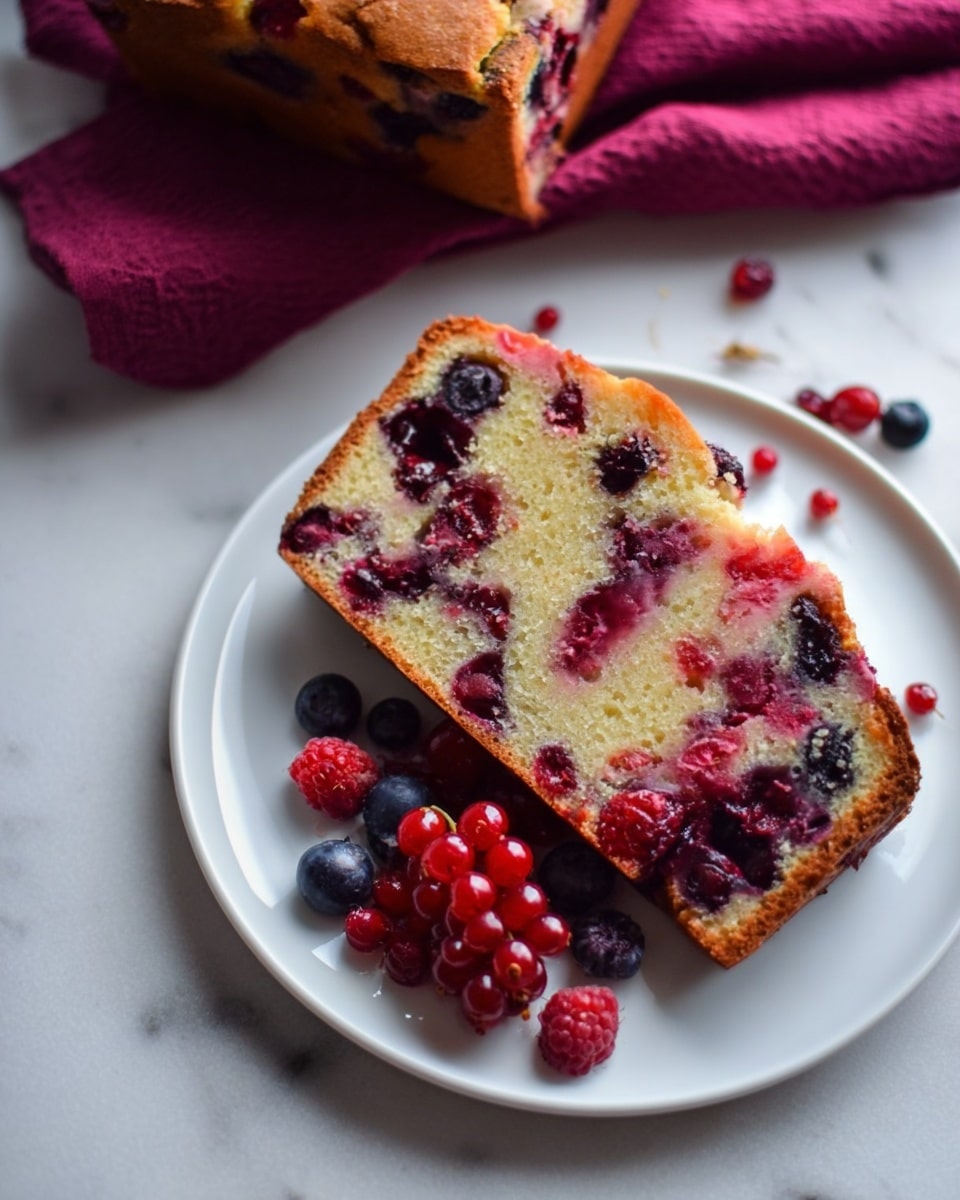 Whole freshly baked mixed berry loaf cake presented on a large white rectangular plate, golden crust with bursts of blueberries, raspberries, and blackberries peeking through the moist crumb, the full loaf uncut and intact, reflecting a rustic and inviting texture, set on a white marble countertop with natural light highlighting the rich colors and details, professional food magazine hero shot, photo taken with an iphone --ar 4:5 --v 7