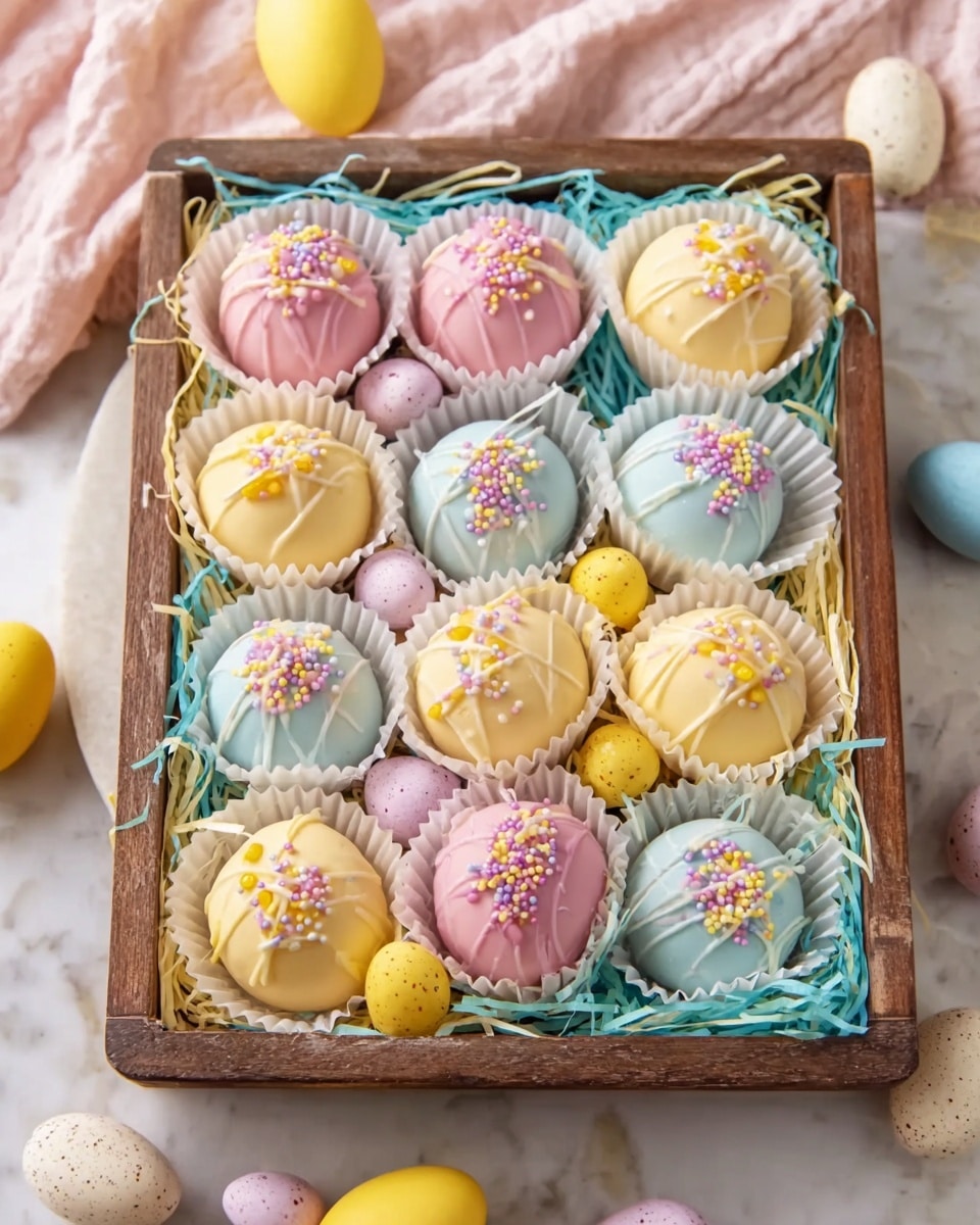 A rustic wooden tray filled with an assortment of colorful pastel-coated treats arranged neatly in white paper cups, featuring soft pink, creamy yellow, and light blue coatings topped with delicate multicolored sprinkles and small yellow candy pieces, surrounded by scattered speckled pastel candy eggs and nestled in vibrant shredded paper grass, captured in a professional 3/4 angle shot on a white marble background with natural lighting, showcasing the entire collection as a visually appealing whole, photo taken with an iphone --ar 4:5 --v 7