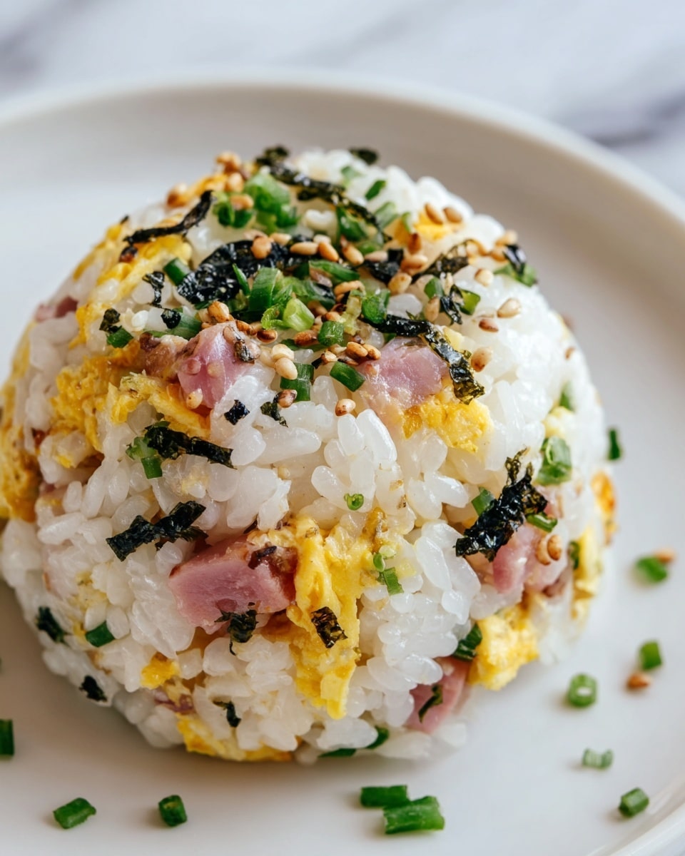 A large white platter filled with an array of neatly shaped rice balls mixed with scrambled eggs, diced ham, chopped green onions, sprinkled with toasted sesame seeds and bits of seaweed, arranged closely together to showcase their uniform round shapes and colorful ingredients, photographed from a 3/4 angle with natural lighting on a white marble background, professional food magazine style hero shot, photo taken with an iphone --ar 4:5 --v 7