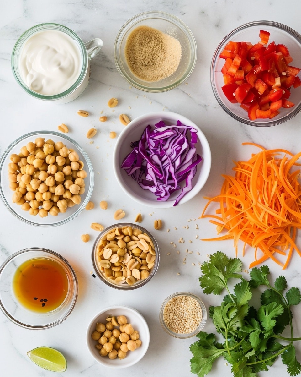 Single white bowl with a thoughtfully plated serving of chickpea salad featuring whole tender chickpeas, thinly sliced red onions, julienned carrots, and finely chopped fresh herbs, garnished with crushed toasted nuts and a light drizzle of dressing, showcasing vibrant colors and contrasting textures, close-up angled shot emphasizing the individual ingredients and freshness, set on a white marble surface under natural lighting, styled like a food blog feature, photo taken with an iphone --ar 4:5 --v 7