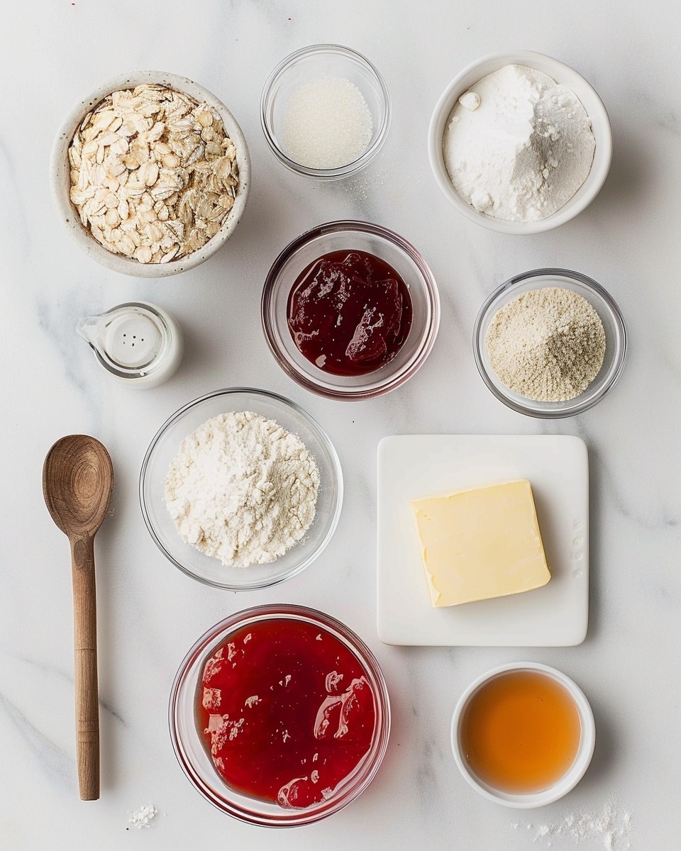 Single white square plate holding one thick oat and jam bar, showing a close-up cross-section with visible layers of crumbly oat crust on top and bottom, vibrant red jam filling oozing slightly at the edges, textured with whole oats and sliced almonds in the crust, shot from an angled view to emphasize the chewy and crunchy interior details, placed on white marble surface with natural lighting, styled like an inviting food blog serving, photo taken with an iphone --ar 4:5 --v 7