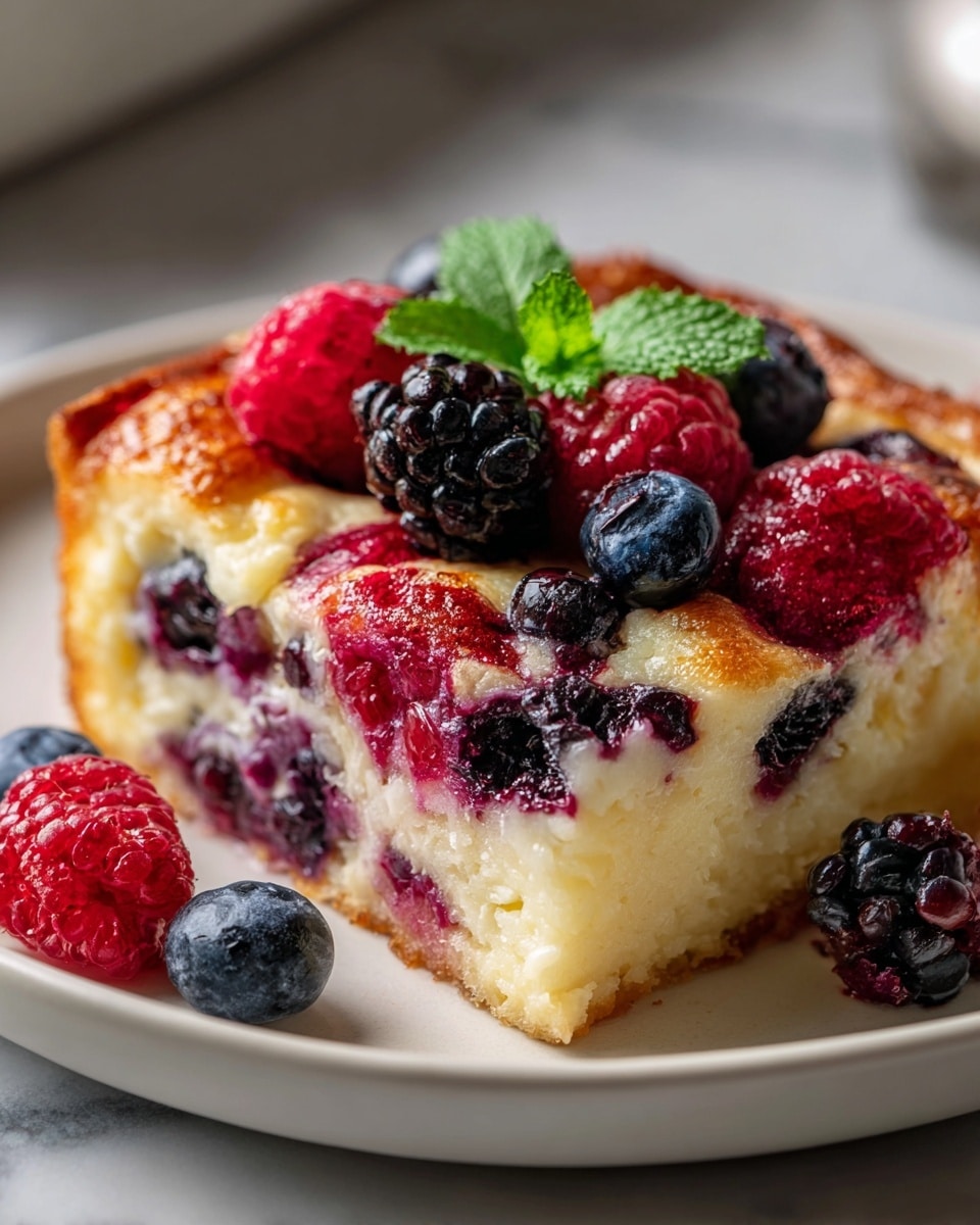 A large white rectangular ceramic baking dish filled with a golden-baked berry custard casserole topped with an abundant mix of fresh raspberries, blackberries, blueberries, and red currants, garnished with bright green mint leaves scattered evenly across the entire surface. The whole dish is presented uncooked, with the fruit and custard perfectly set and visually inviting. The scene is captured in natural light from a 3/4 angle, showcasing the entire dish on a white marble countertop, styled like a professional food magazine hero shot. Photo taken with an iphone --ar 4:5 --v 7