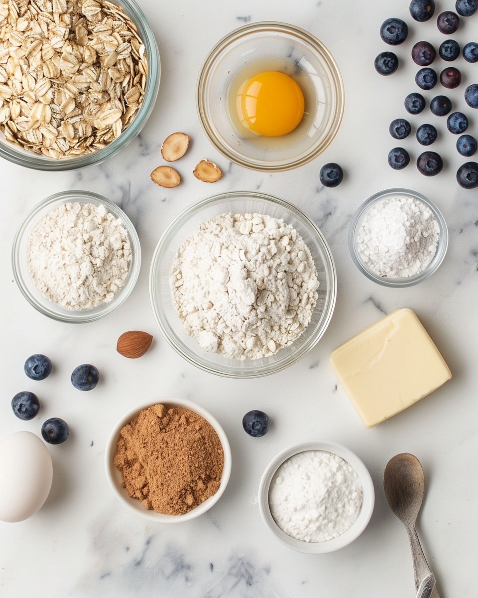 Single white plate with one square slice of blueberry oat bar showing distinct layers of crumbly oat crust, thick vibrant blueberry filling bursting with whole berries, and a generous oat crumble topping, close-up angled view capturing the textured interior and glossy fruit compote, garnished with fresh blueberries scattered around, placed on white marble surface, natural light highlighting the golden oats and deep purple filling, intimate styled serving photo taken with an iphone --ar 4:5 --v 7