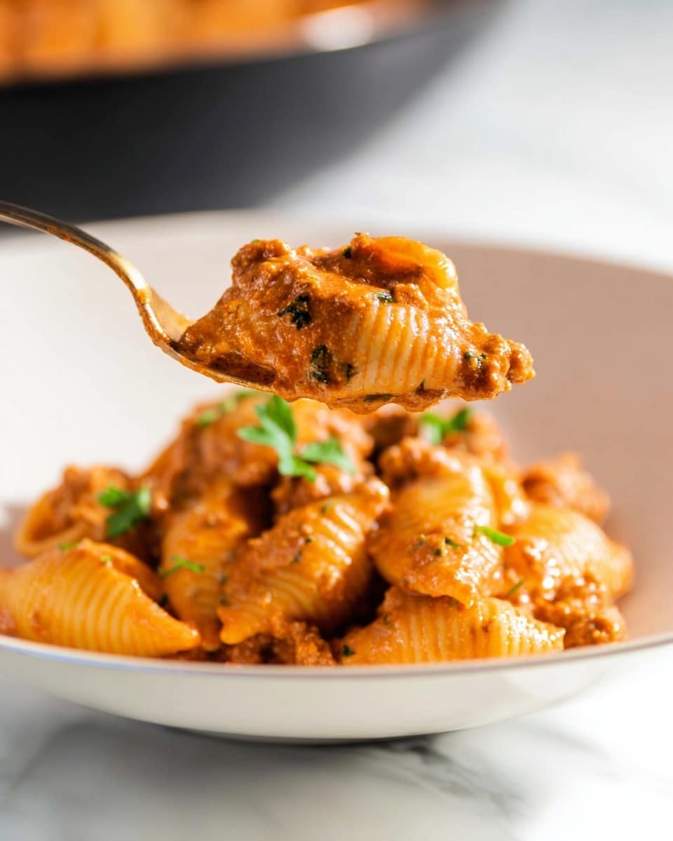 Large cast iron skillet filled with creamy, rich shell pasta in a savory tomato and cheese sauce with ground beef, garnished with cracked black pepper, whole dish photographed from above on white marble countertop, natural lighting, professional food styling photo taken with an iphone --ar 4:5 --v 7