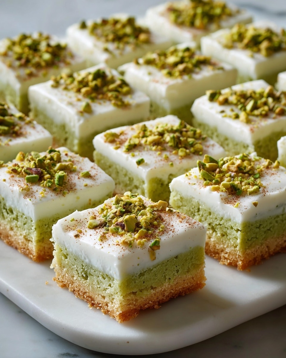 A large white rectangular serving dish filled with a complete batch of creamy pistachio dessert bars, each square topped evenly with smooth white icing and sprinkled generously with crushed pistachios and a dusting of cinnamon, the dessert arranged uniformly in neat rows showcasing the soft green pistachio layer sitting atop a golden crumbly crust, captured from a professional 3/4 angle on a white marble countertop with natural lighting, styled like a hero shot from a food magazine, photo taken with an iphone --ar 4:5 --v 7