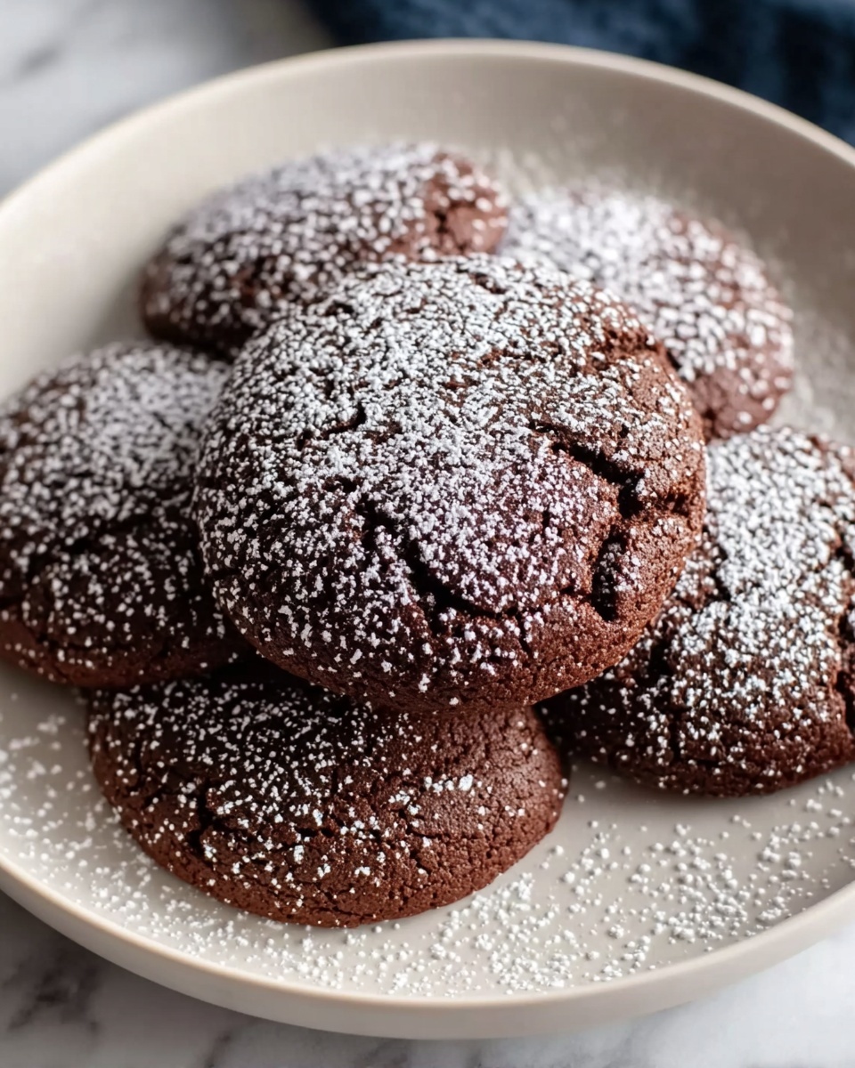 Large white plate filled with a complete batch of round chocolate cookies evenly dusted with powdered sugar on top, showcasing their soft, cracked texture, arranged in a neat pile with all cookies visible, presented on a white marble countertop with natural lighting, professional food styling, photo taken with an iphone --ar 4:5 --v 7