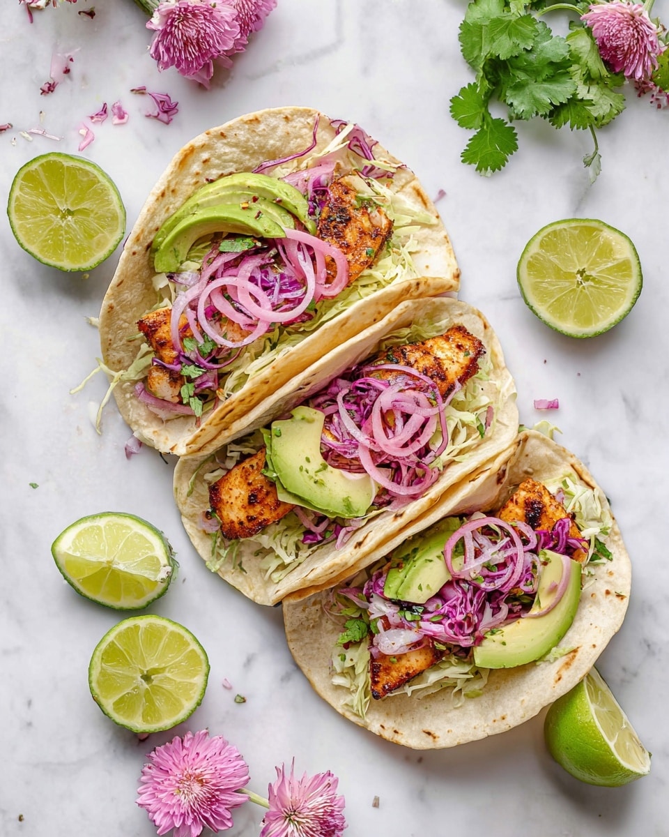 Four complete white corn tortillas filled with seasoned grilled fish, shredded cabbage, fresh cilantro, creamy avocado slices, and pickled red onions, arranged neatly together on a white marble surface with halved limes, fresh cilantro sprigs, and decorative flowers around, featuring natural light and a food magazine hero shot style, capturing the entire dish from a 3/4 angle photo taken with an iphone --ar 4:5 --v 7