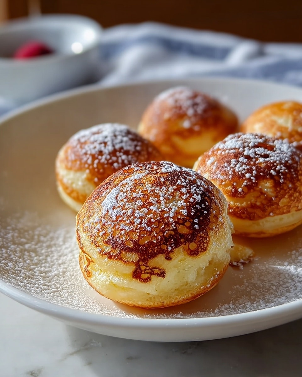 Large white ceramic bowl filled with a full batch of seven perfectly rounded Danish aebleskiver pancakes, golden brown with a slightly crisp exterior and dusted with a generous coating of powdered sugar, whole dish displayed on a white marble countertop illuminated by soft natural lighting, styled for a professional food magazine hero shot, photo taken with an iphone --ar 4:5 --v 7