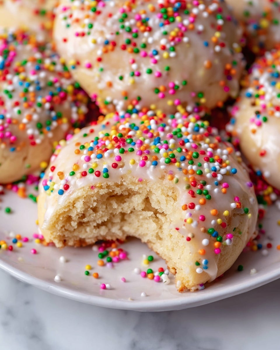 Large white platter filled with a full batch of round soft sugar cookies generously coated with a smooth vanilla glaze and topped with vibrant, multicolored rainbow sprinkles, cookies arranged close together showcasing their fluffy texture, photographed from above on a white marble countertop under natural lighting, professional food styling photo taken with an iphone --ar 4:5 --v 7