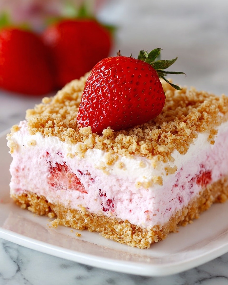 Large rectangular glass baking dish filled with a whole strawberry cheesecake dessert, featuring a thick layer of creamy pink strawberry-infused cheesecake studded with fresh strawberry pieces, topped with a generous, even layer of golden brown graham cracker crumble, and garnished with whole fresh strawberries placed decoratively on top, photographed from a 3/4 angle on a white marble countertop under natural lighting, professional food styling photo taken with an iphone --ar 4:5 --v 7
