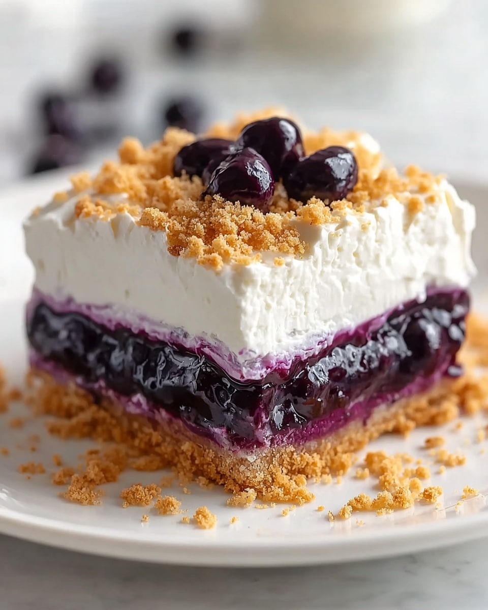 Transparent square glass baking dish filled with an entire blueberry dessert layered with crumbly golden graham cracker crust, a thick, juicy blueberry filling, and a smooth, creamy white topping sprinkled generously with more golden crumbs, shown whole with no portions removed, professional 3/4 angle shot on white marble surface with natural lighting, hero food photography style photo taken with an iphone --ar 4:5 --v 7
