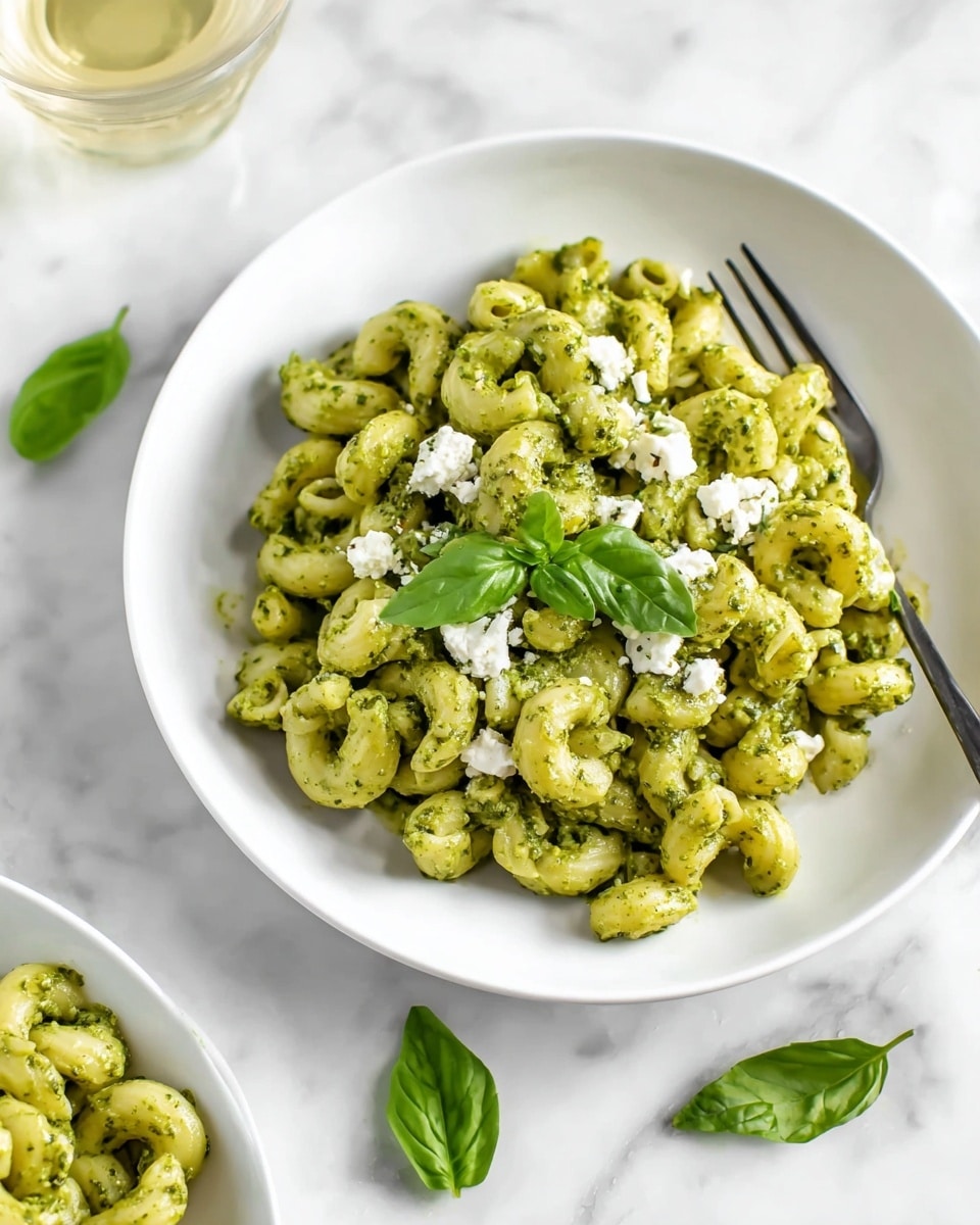 Large white serving bowl filled with creamy pesto macaroni pasta, richly coated with vibrant green basil pesto sauce, garnished generously with crumbled white cheese and a sprig of fresh basil on top, accompanied by additional fresh basil leaves scattered around the bowl on a white marble surface, natural lighting highlighting the glossy texture of the sauce, whole dish photographed from a professional 3/4 angle on white marble countertop, professional food styling photo taken with an iphone --ar 4:5 --v 7