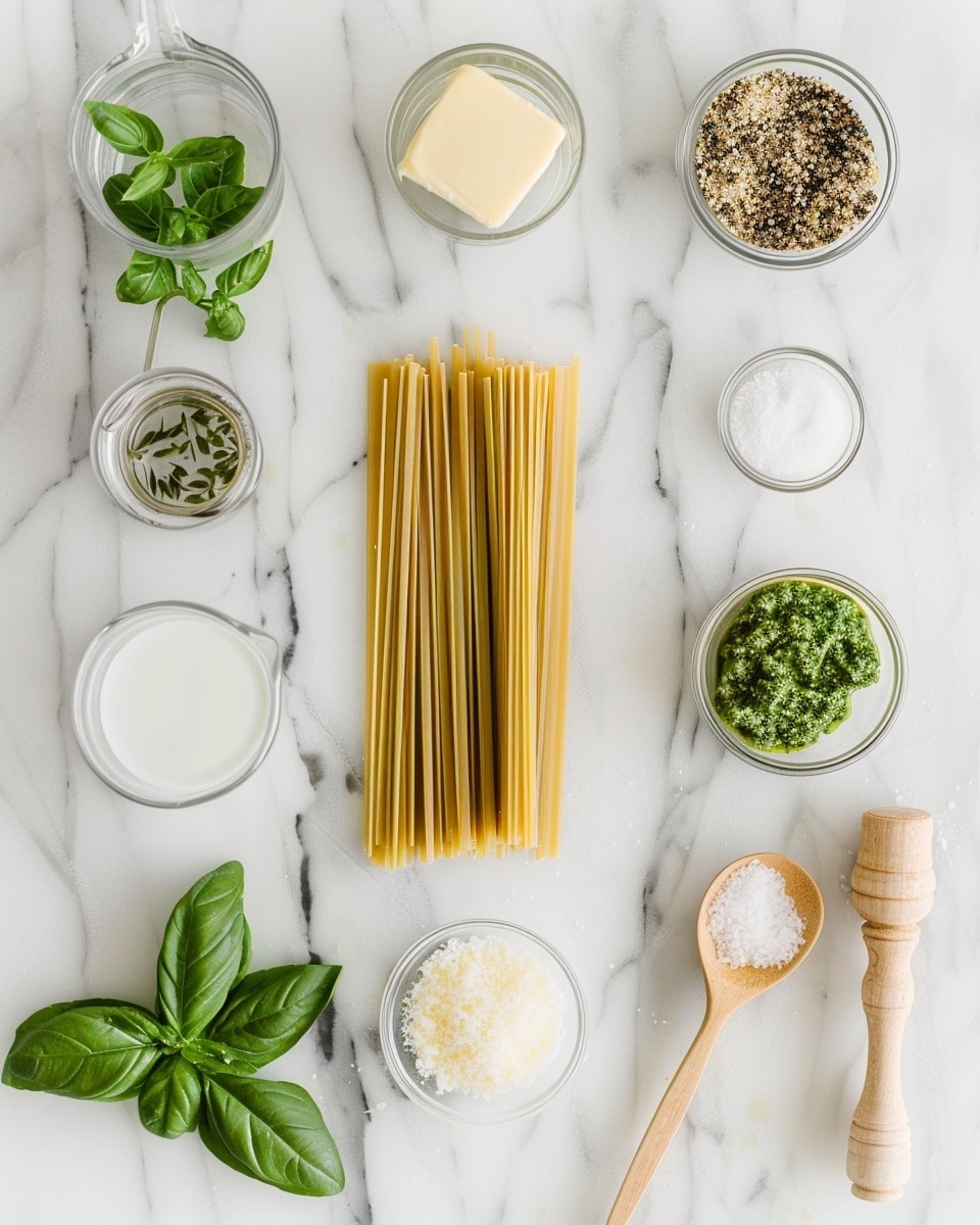 Single white plate with a close-up view of a generous portion of creamy pesto pasta, spiral noodles coated in vibrant green pesto sauce, sprinkled with crumbled white cheese, a fresh basil leaf garnish on top, the dish invitingly arranged with a fork partially inserted, set against a white marble background with natural lighting, styled as a ready-to-eat serving from a food blog, photo taken with an iphone --ar 4:5 --v 7