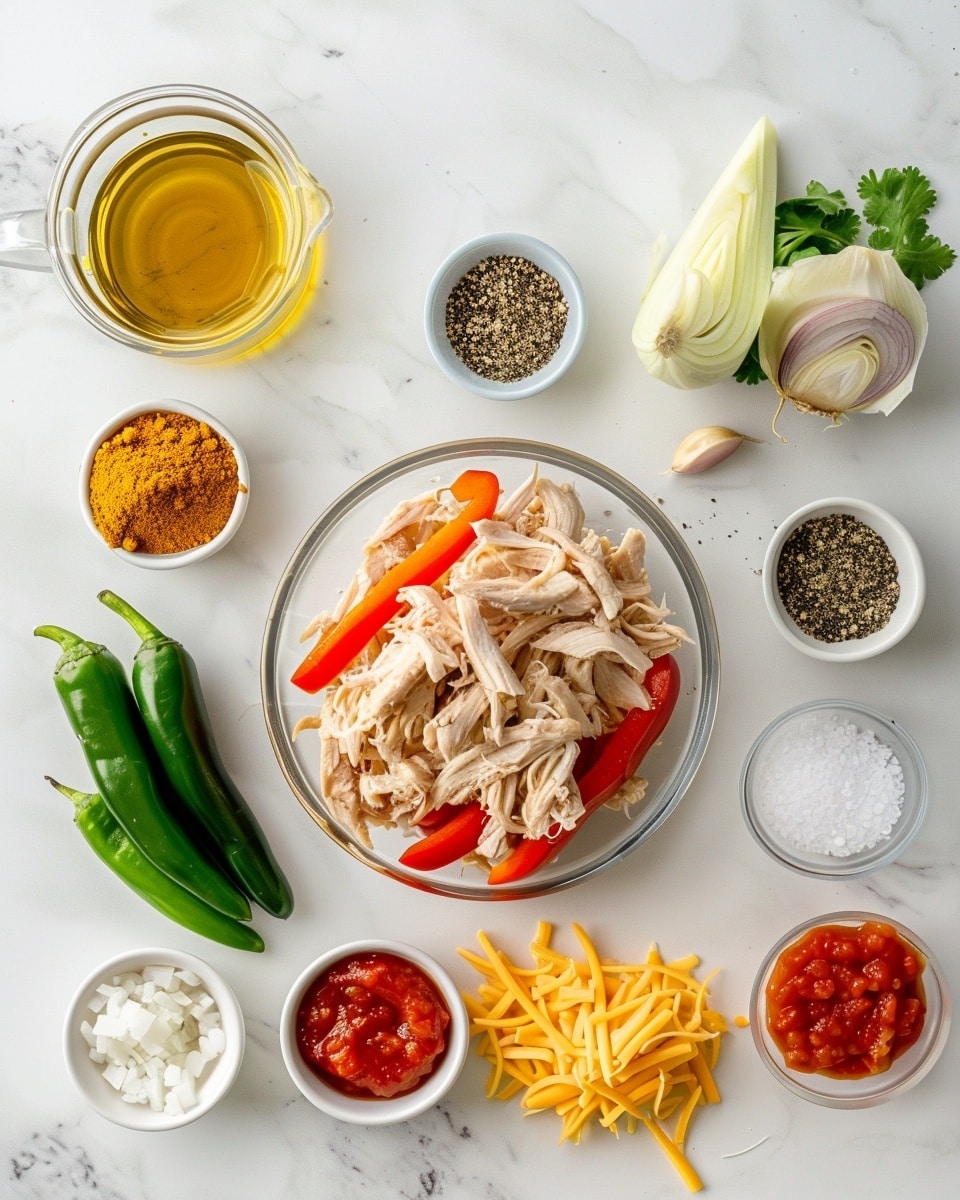Single white oval dish with one plated serving of cheesy chicken fajita casserole, close-up angled shot emphasizing the layers of tender shredded chicken, sautéed green and red bell peppers, onions, and melted golden cheese, garnished with fresh cilantro, steam rising, placed on a white marble surface, intimate plated serving photo taken with an iphone --ar 4:5 --v 7