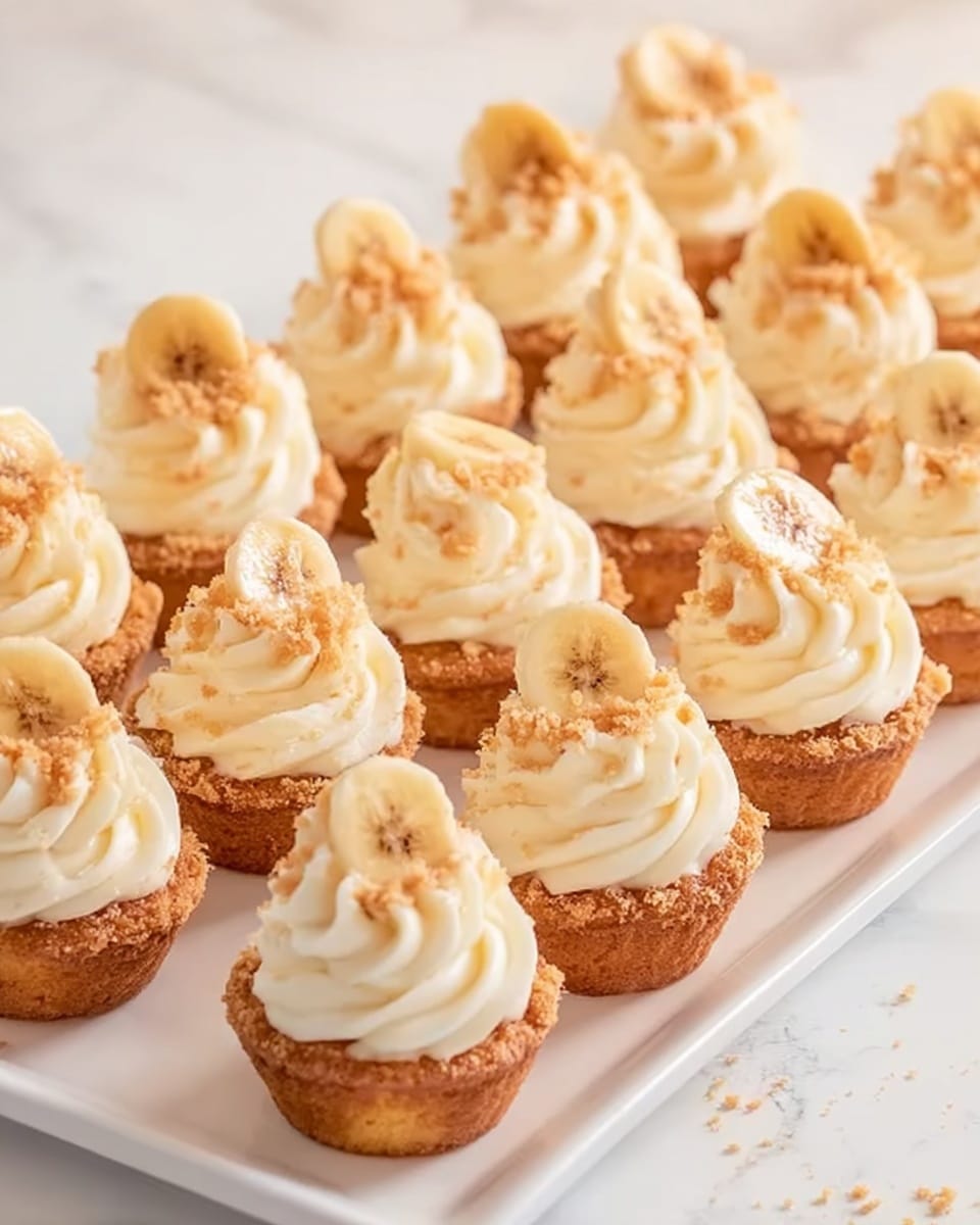 A large white rectangular platter filled with a complete batch of mini cupcakes, each topped with generous swirls of creamy frosting and adorned with delicate, translucent banana chips and a sprinkle of crumbly topping, arranged neatly in even rows to showcase the full collection, photographed at a professional 3/4 angle on a white marble background with natural lighting, styled like a hero shot from a food magazine, photo taken with an iphone --ar 4:5 --v 7