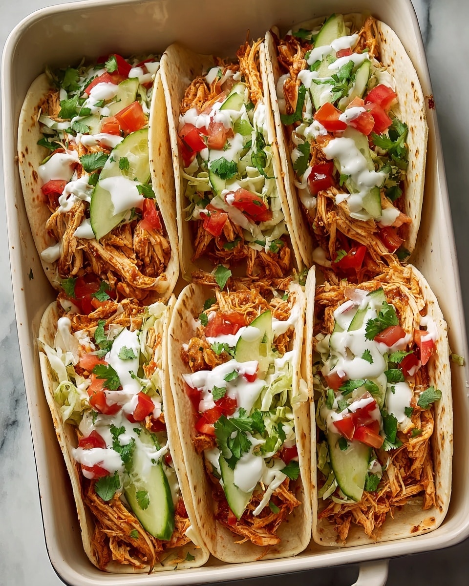 Large white rectangular baking dish filled with four fully assembled soft flour tortillas tacos, each packed generously with shredded seasoned chicken, topped with fresh julienned cucumber slices, chopped tomatoes, cilantro leaves, and drizzled with creamy white sauce, all arranged neatly side by side, photographed from a 3/4 angle with natural lighting on a white marble background, professional food magazine style hero shot photo taken with an iphone --ar 4:5 --v 7