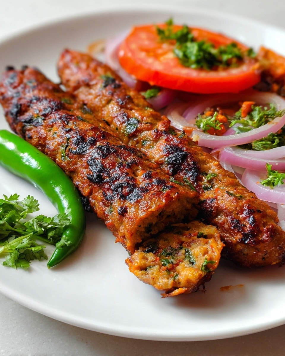 Three whole white serving skewers each laden with spiced, grilled seekh kebabs made from minced meat blended with fresh herbs and red chili flakes, their golden-brown char marks accentuating the textured surface, all arranged in parallel on a large white plate, shot from a 3/4 angle on a white marble countertop with natural lighting, evoking a professional food magazine hero shot, photo taken with an iphone --ar 4:5 --v 7