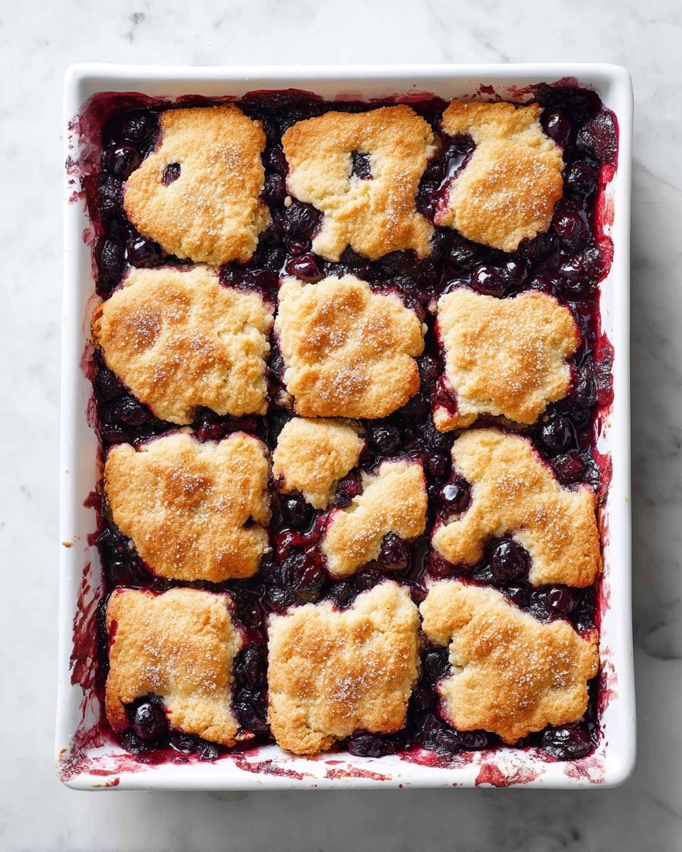 Large square white baking pan filled with a freshly baked whole berry cobbler, golden-brown biscuit topping with a slightly crisp surface and visible sugar crystals, ripe dark berries bursting underneath with deep purple and red juices, sides showing the luscious fruit filling bubbling up, photographed from a slight overhead angle on a white marble countertop, natural lighting highlighting the textures and colors, professional food styling photo taken with an iphone --ar 4:5 --v 7