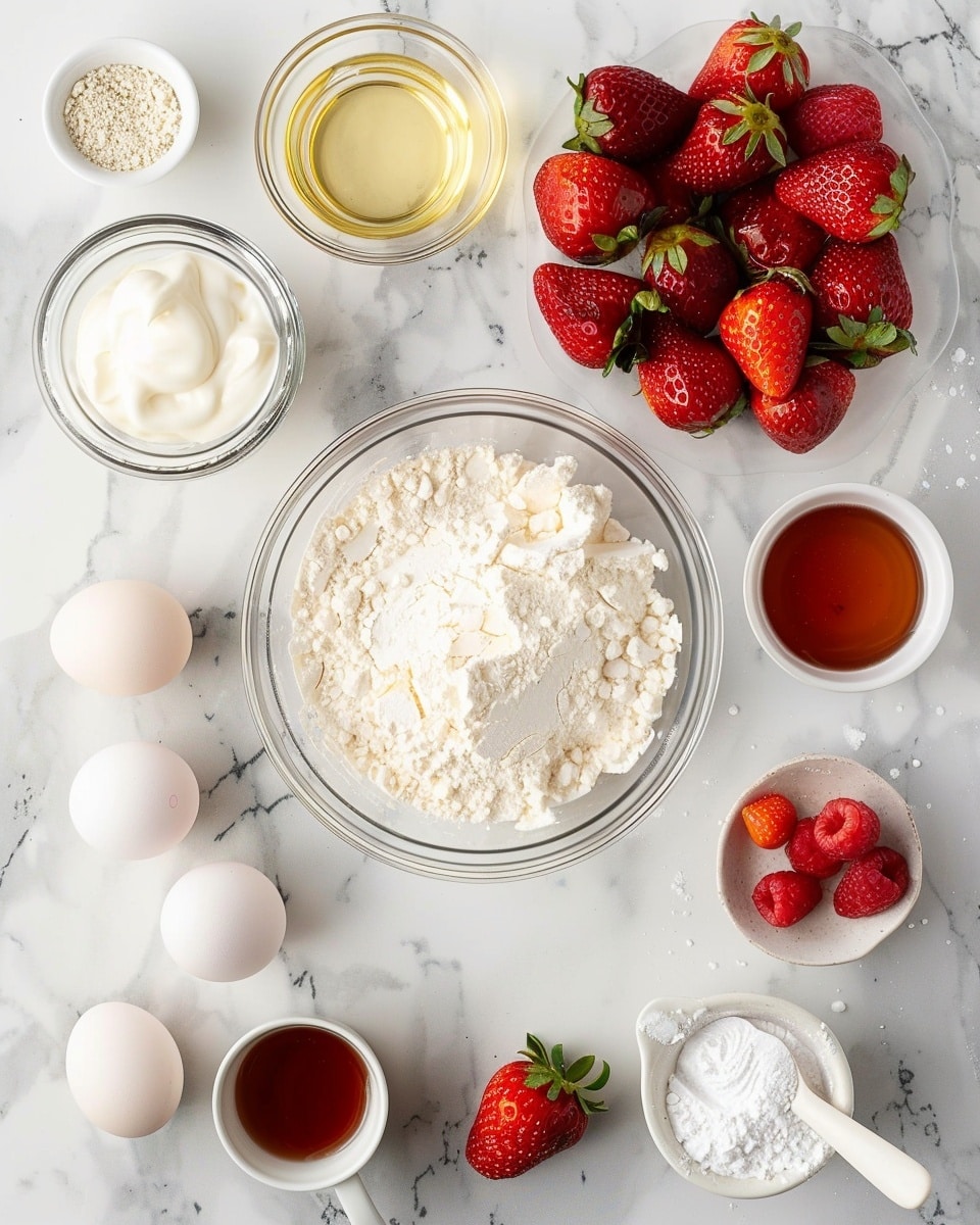 A single white plate with a tall slice of layered white cake revealing fluffy sponge layers alternated with creamy white frosting and fresh strawberry pieces throughout, the slice slightly angled to showcase the moist interior texture and strawberry bits, garnished with a few whole ripe strawberries on the side, placed on a white marble surface with natural lighting highlighting the soft cake crumb and creamy layers, styled like a food blog serving, photo taken with an iphone --ar 4:5 --v 7