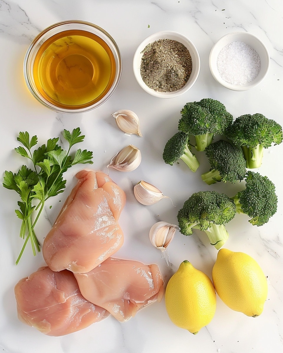 Single white plate holding one golden-brown grilled chicken portion surrounded by vibrant roasted broccoli florets and lemon wedges, close-up angled view highlighting the juicy texture and charred grill marks on the chicken, the bright green broccoli showing slight crispness, garnished with fresh chopped herbs, all set on a white marble surface with natural lighting, styled like a food blog individual serving photo taken with an iphone --ar 4:5 --v 7