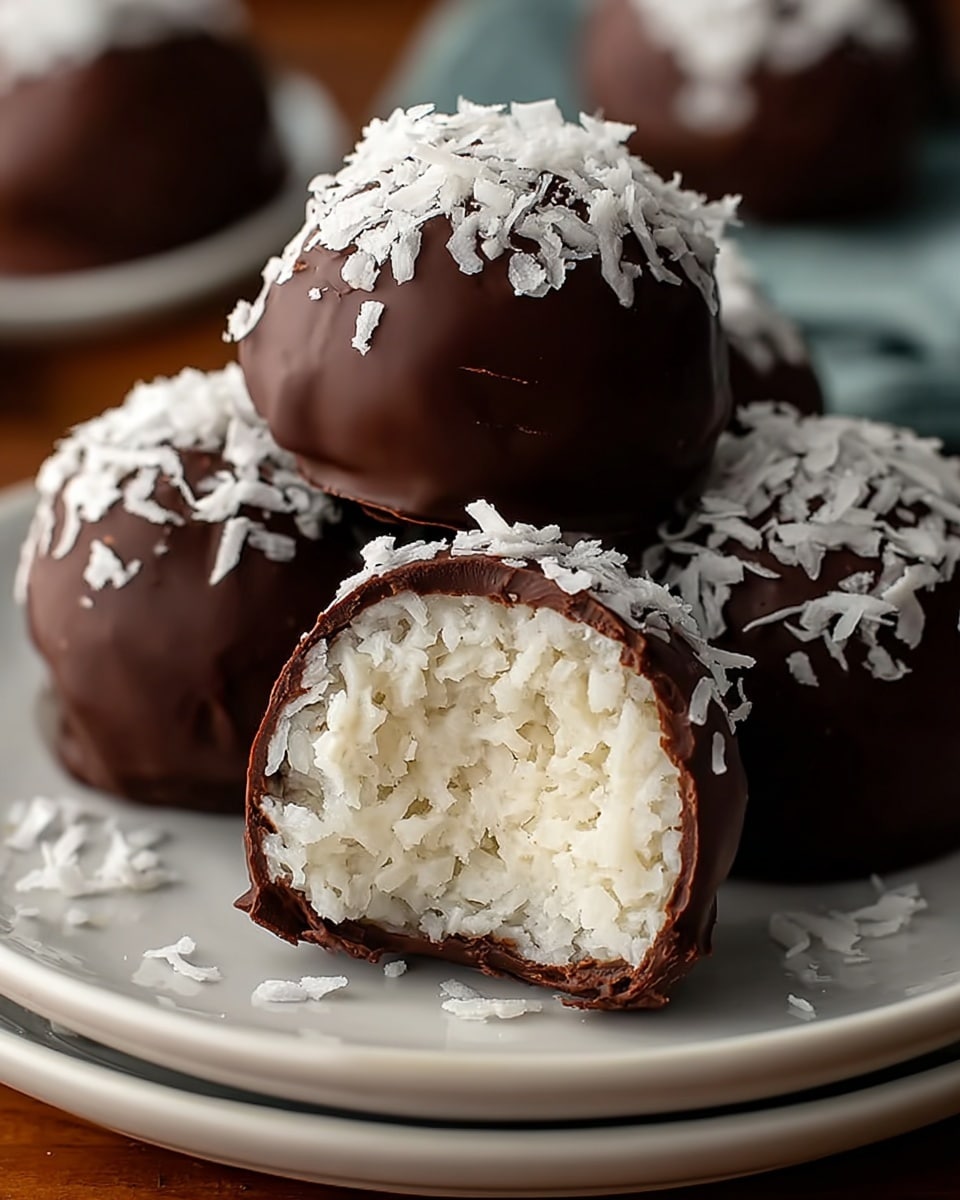 White serving plate filled with an assortment of whole chocolate-covered coconut balls, each generously coated in glossy dark chocolate and sprinkled with white shredded coconut flakes, arranged neatly in a complete group to showcase their uniform round shapes and rich textures, presented on a white marble surface under natural lighting, photographed from a close 3/4 angle like a professional food magazine hero shot, photo taken with an iphone --ar 4:5 --v 7