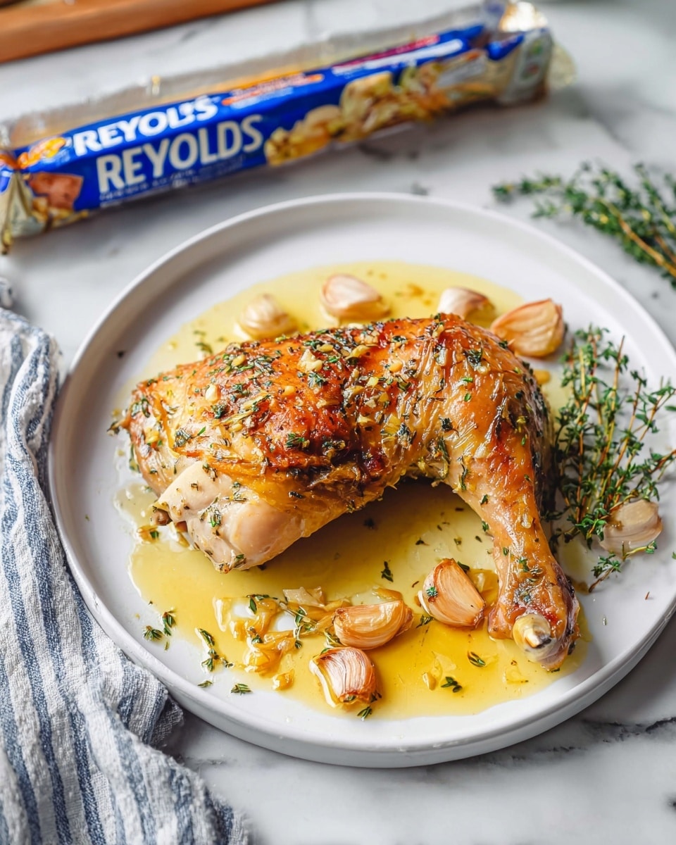 Large white rectangular baking dish lined with crinkled aluminum foil, filled with four perfectly roasted whole chicken leg quarters, golden-brown and seasoned with fresh herbs, nestled in a savory garlic and rosemary broth with roasted whole garlic cloves and caramelized onions, the dish resting on a wooden board atop a white marble countertop, natural light highlighting the juicy texture and rich colors, styled for a professional food magazine hero shot, photo taken with an iphone --ar 4:5 --v 7