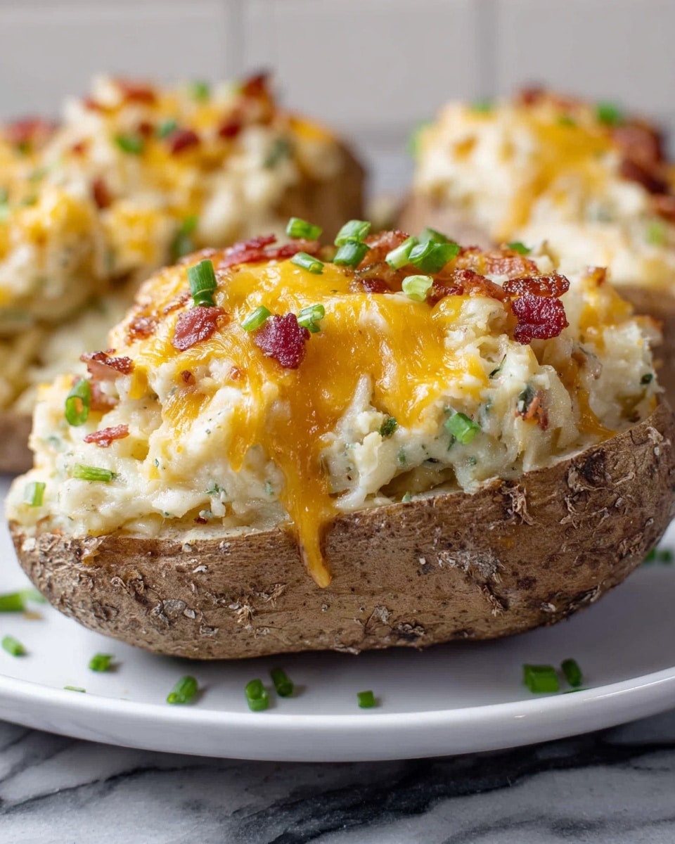 Large white rectangular serving tray filled with five whole twice-baked potatoes, each fully stuffed and topped with creamy mashed potato swirls, melted sharp cheddar cheese, crispy bacon bits, and finely chopped green onions, rustic brown potato skin visible, arranged neatly with some garnishing on a white marble countertop, natural daylight illuminating the rich textures and colors, professional food magazine hero photo taken with an iphone --ar 4:5 --v 7